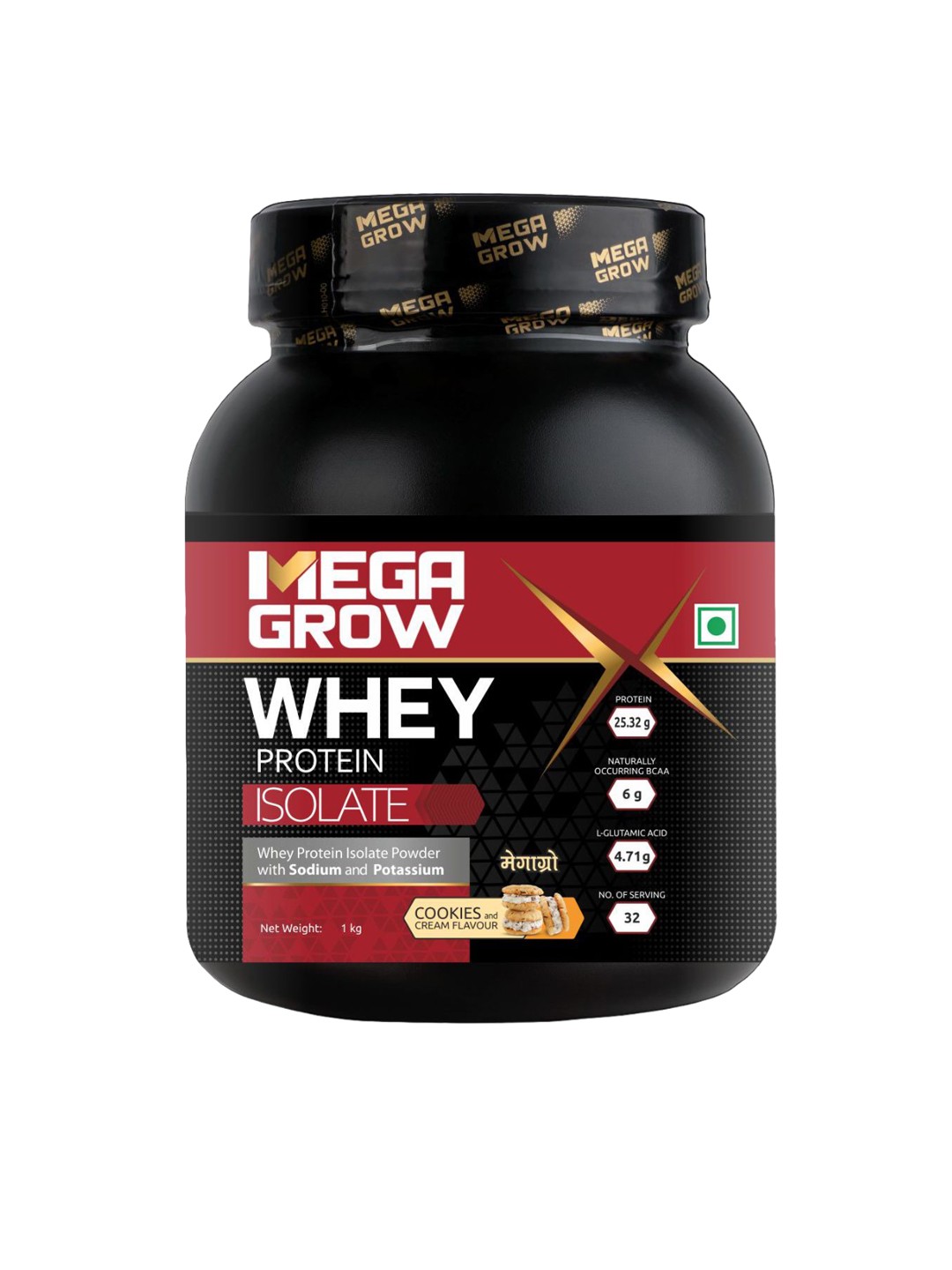 

Megagrow Isolate Whey Protein Powder- Cookies & Cream Flavour- 1Kg, Black