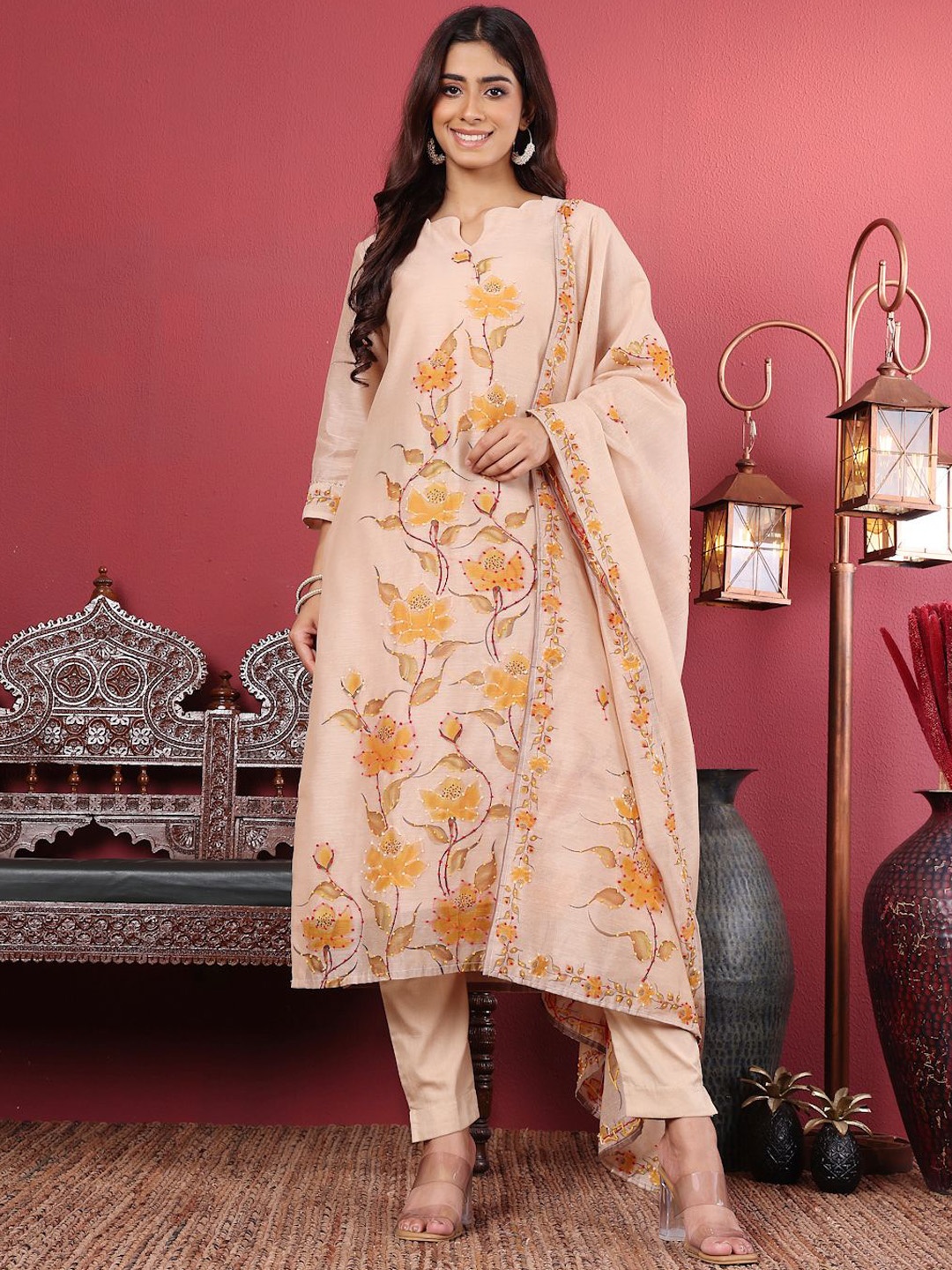

Varanga Floral Printed Kantha Work Chanderi Silk Straight Kurta with Trousers & Dupatta, Beige