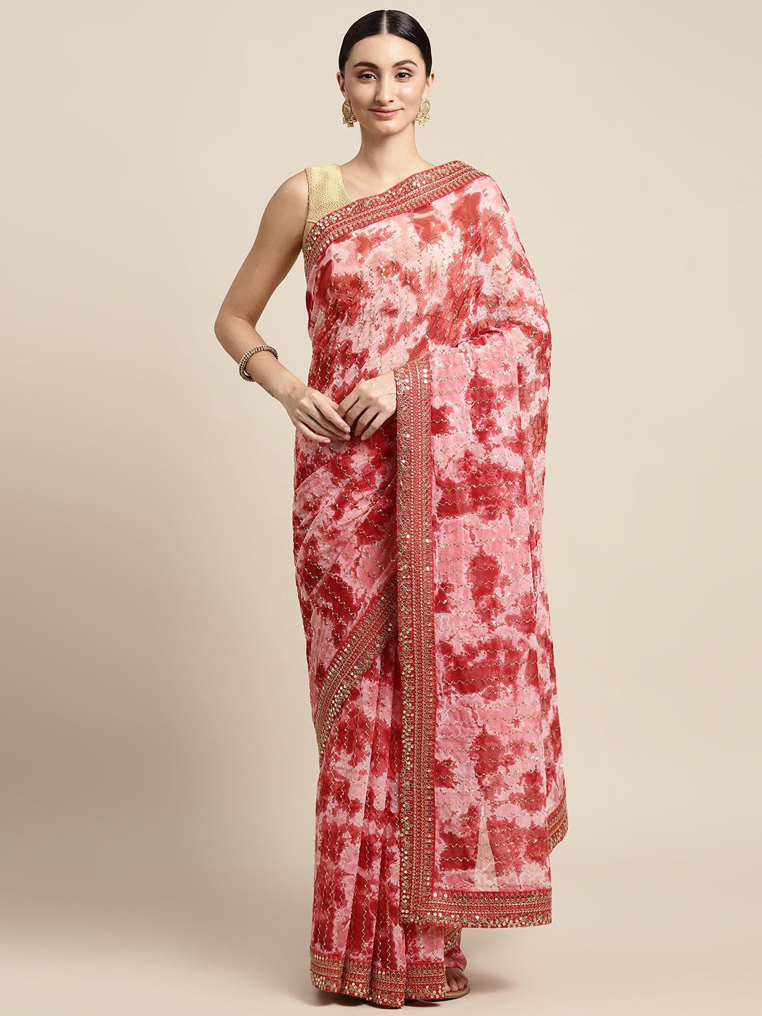 

KIMISHA Tie and Dye Sequinned Poly Georgette Saree, Red