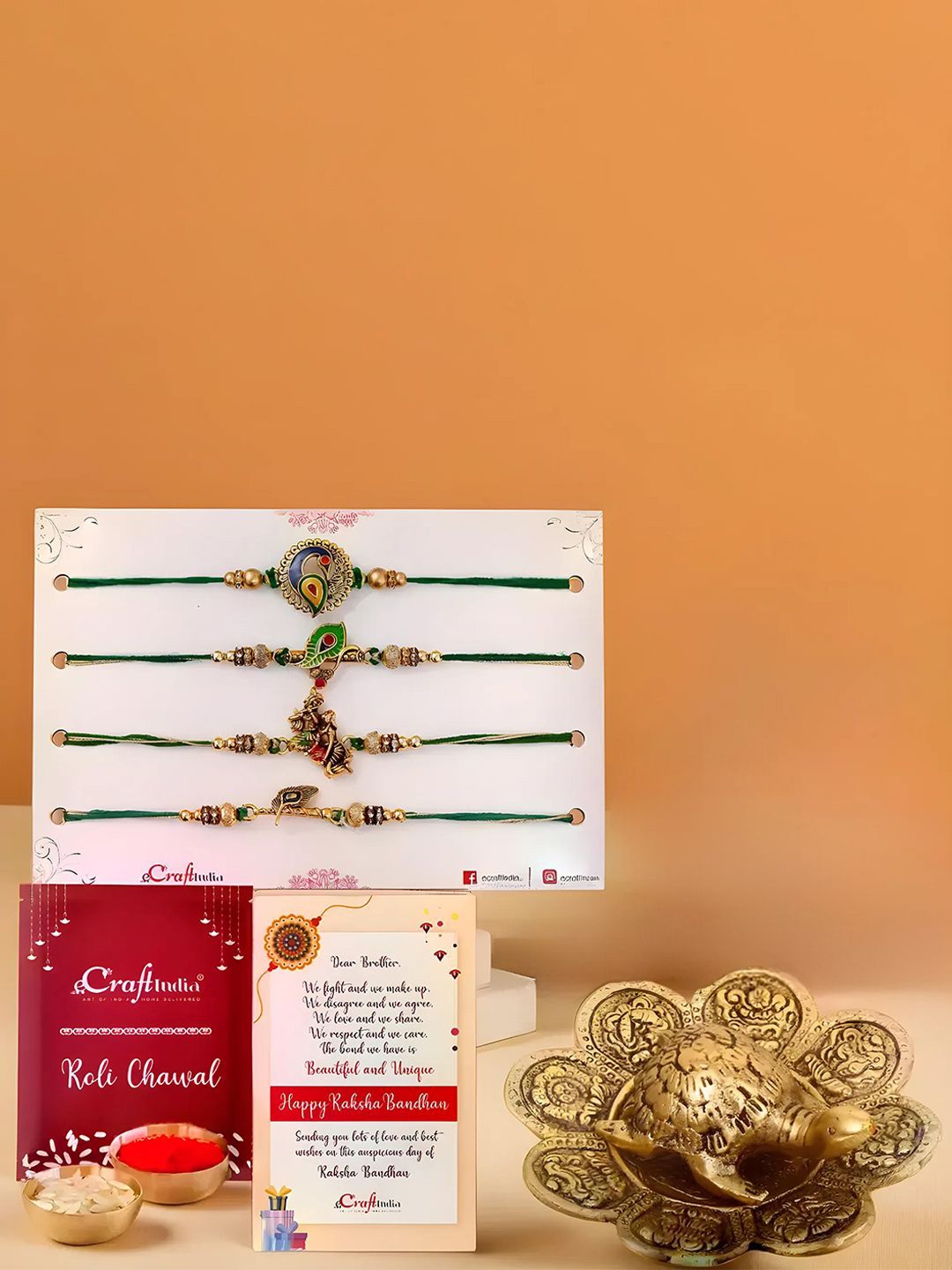 

eCraftIndia Set of 4 Designer Rakhis With Metal Feng Shui Tortoise Showpiece, Gold