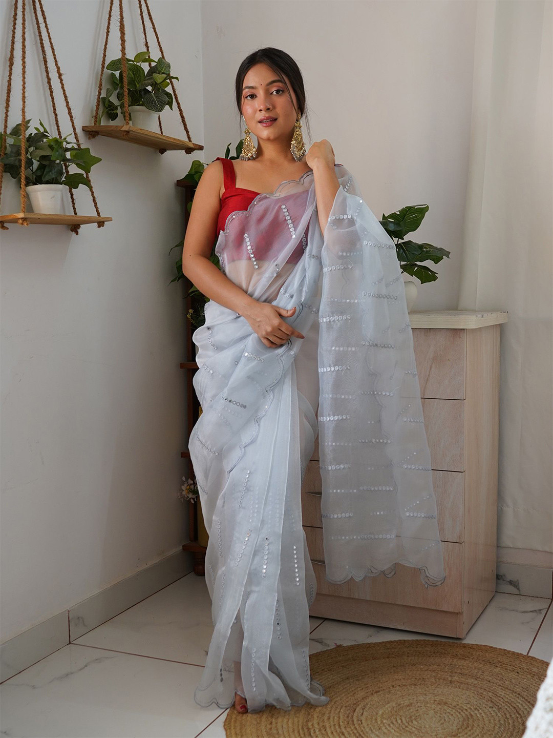 

elora Embellished Mirror Work Organza Saree, Blue