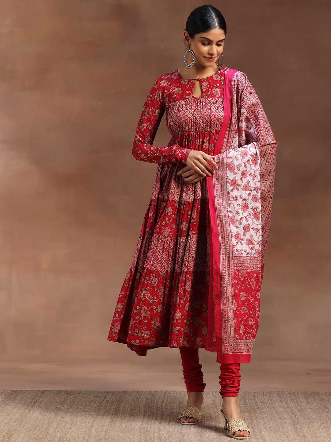

Libas Floral Printed Panelled Pure Cotton Anarkali Kurta With Churidar & Dupatta, Pink