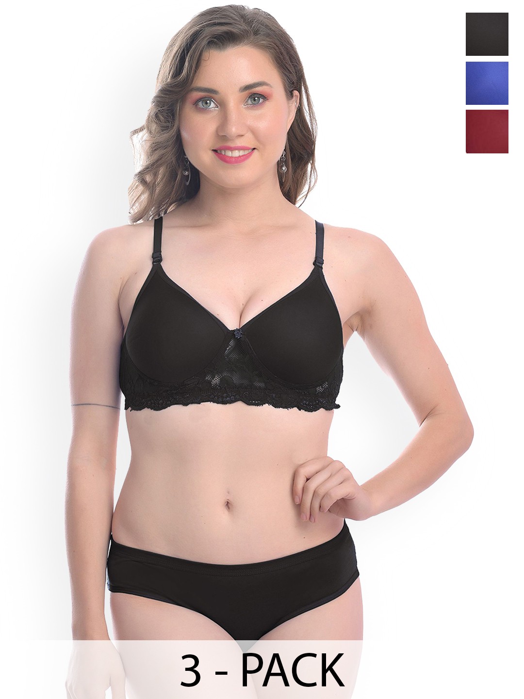 

AROUSY Pack Of 3 Self-Designed Padded Lingerie Set, Black