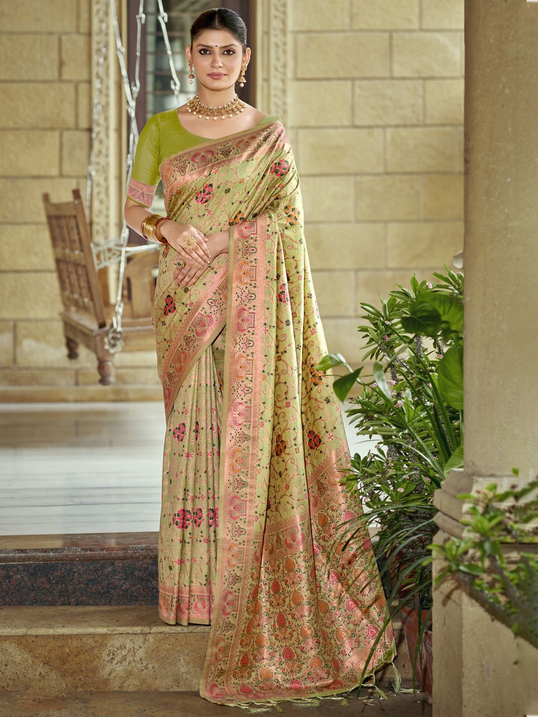 

Exclusiva Women Woven Design Floral Printed Saree With Zari Border, Green