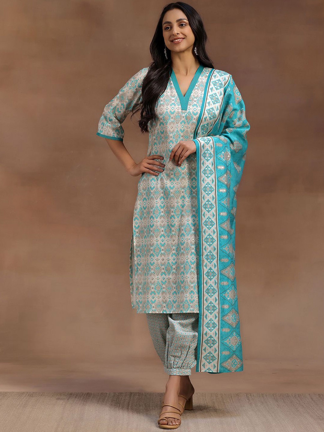 

Libas Ethnic Motifs Printed Pure Cotton Straight Kurta with Salwar & Dupatta, Blue