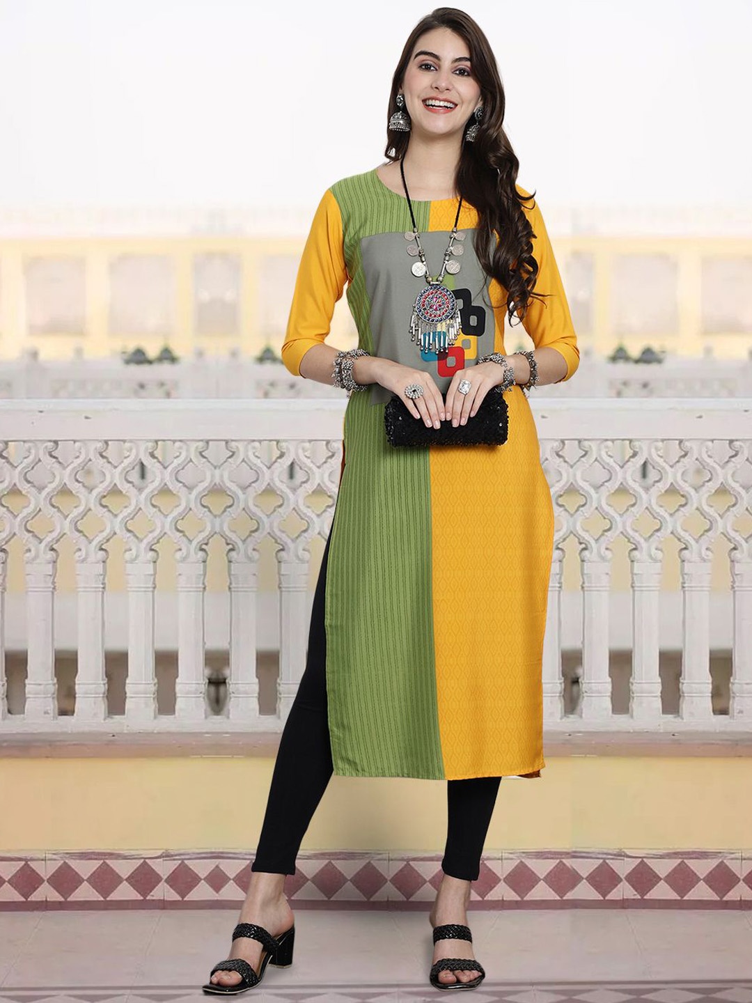 

7Threads Colourblocked Round Neck Straight Kurta, Yellow