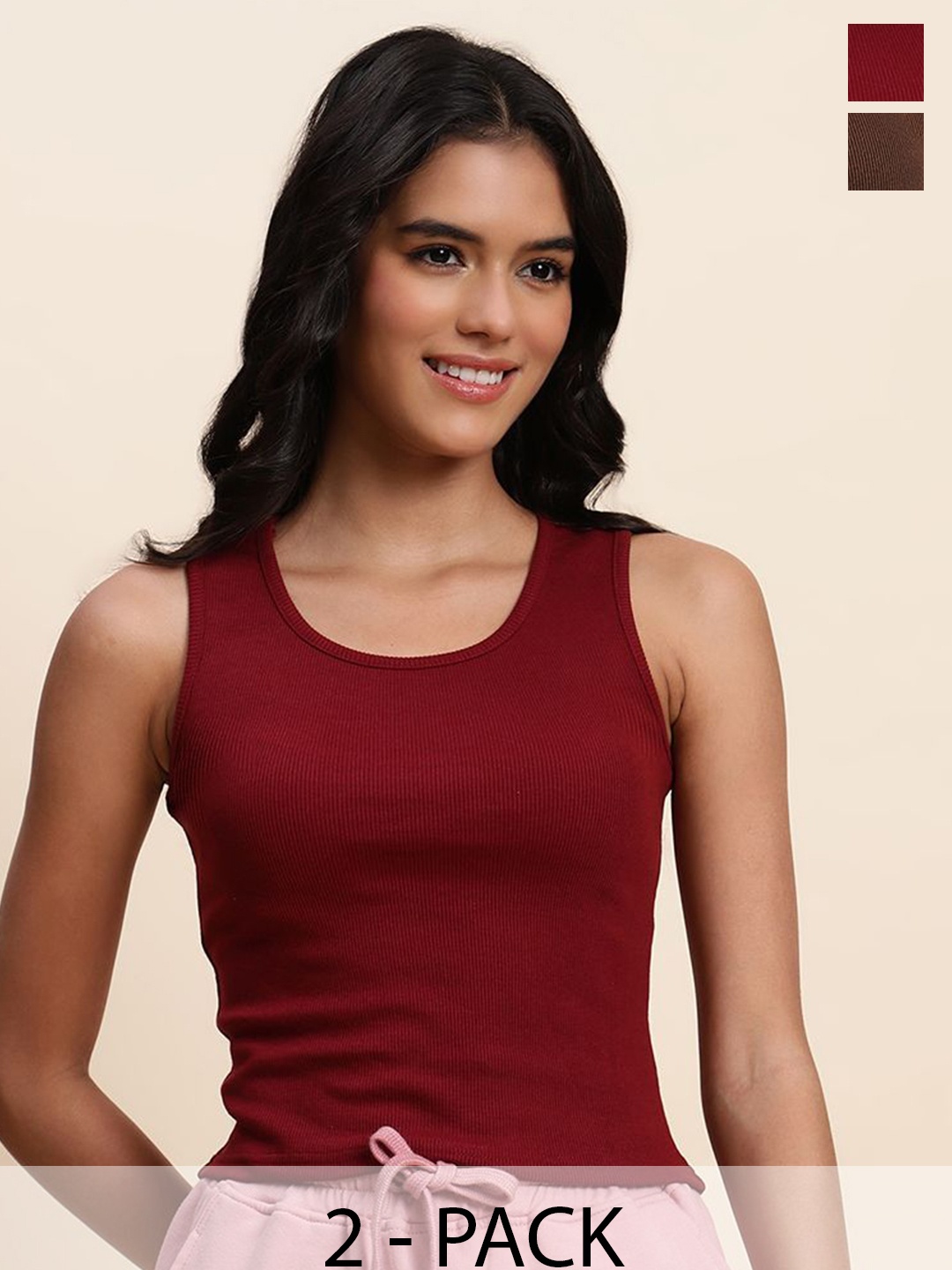 

UnaOne Women Pack Of 2 Solid Round Neck Cotton Tops, Maroon