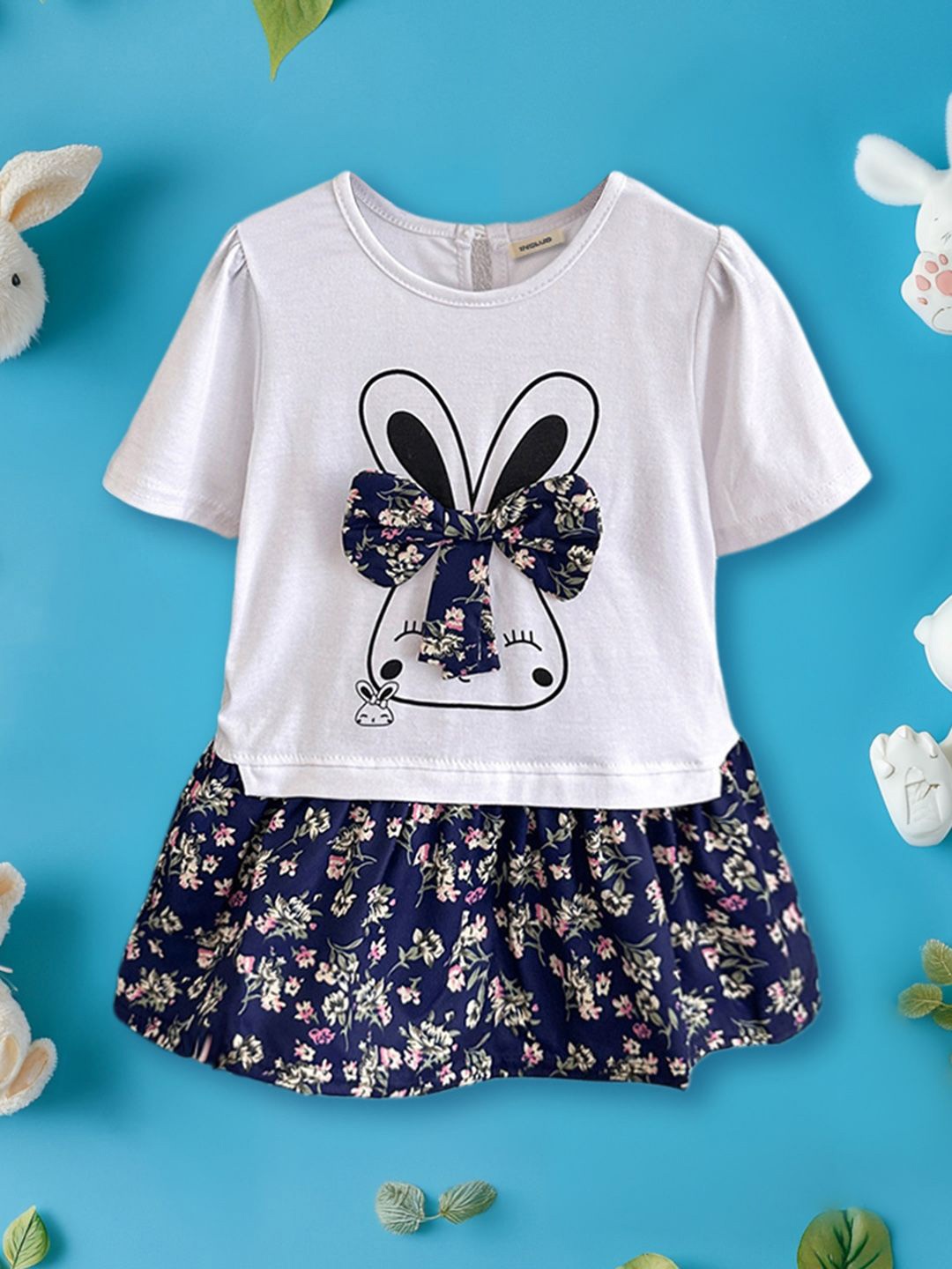 

INCLUD Girls Bow Applique Printed Round Neck T-shirt with Skirt, Blue