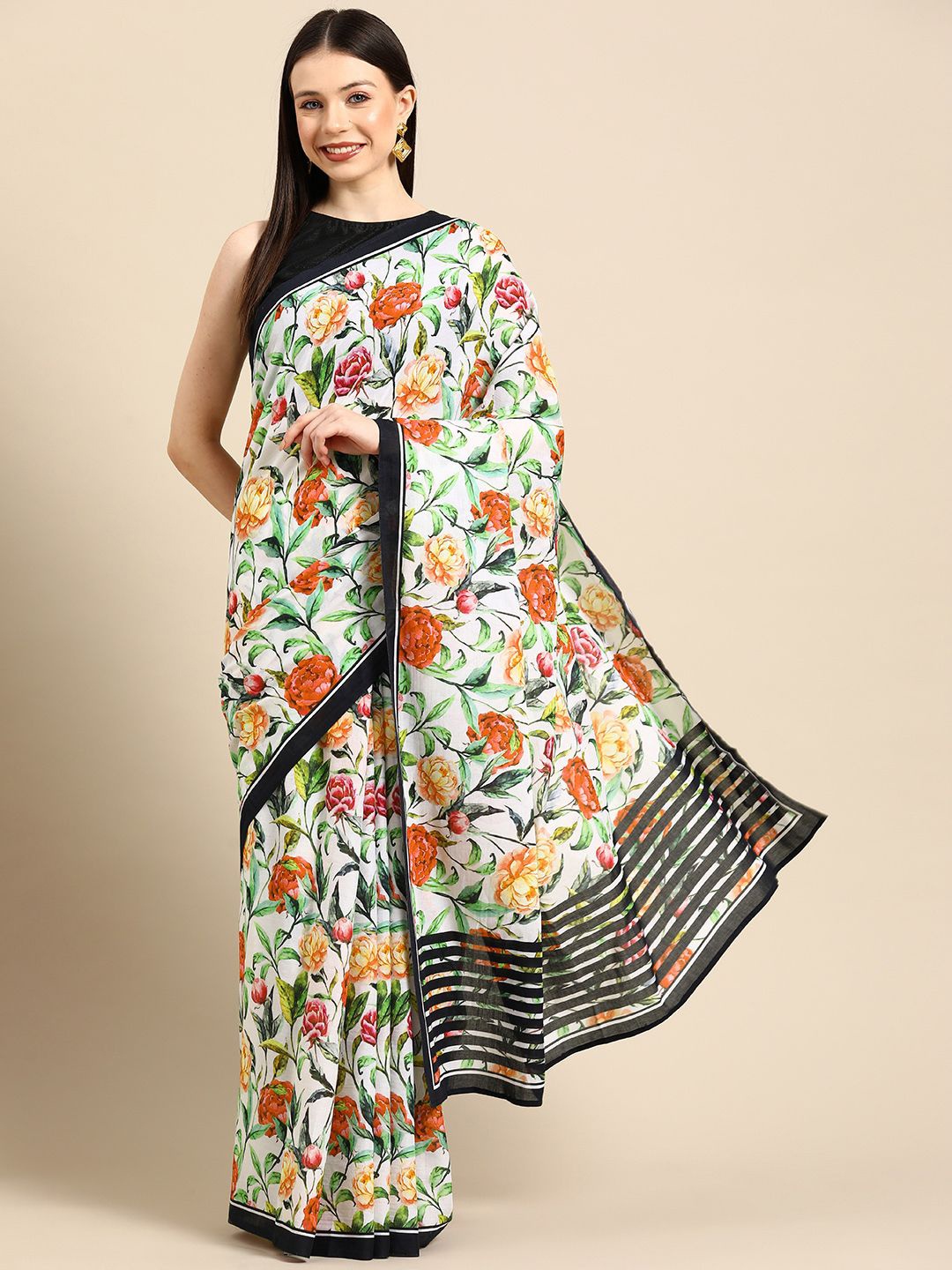 

BUTA BUTI Floral Pure Cotton Printed Saree, White