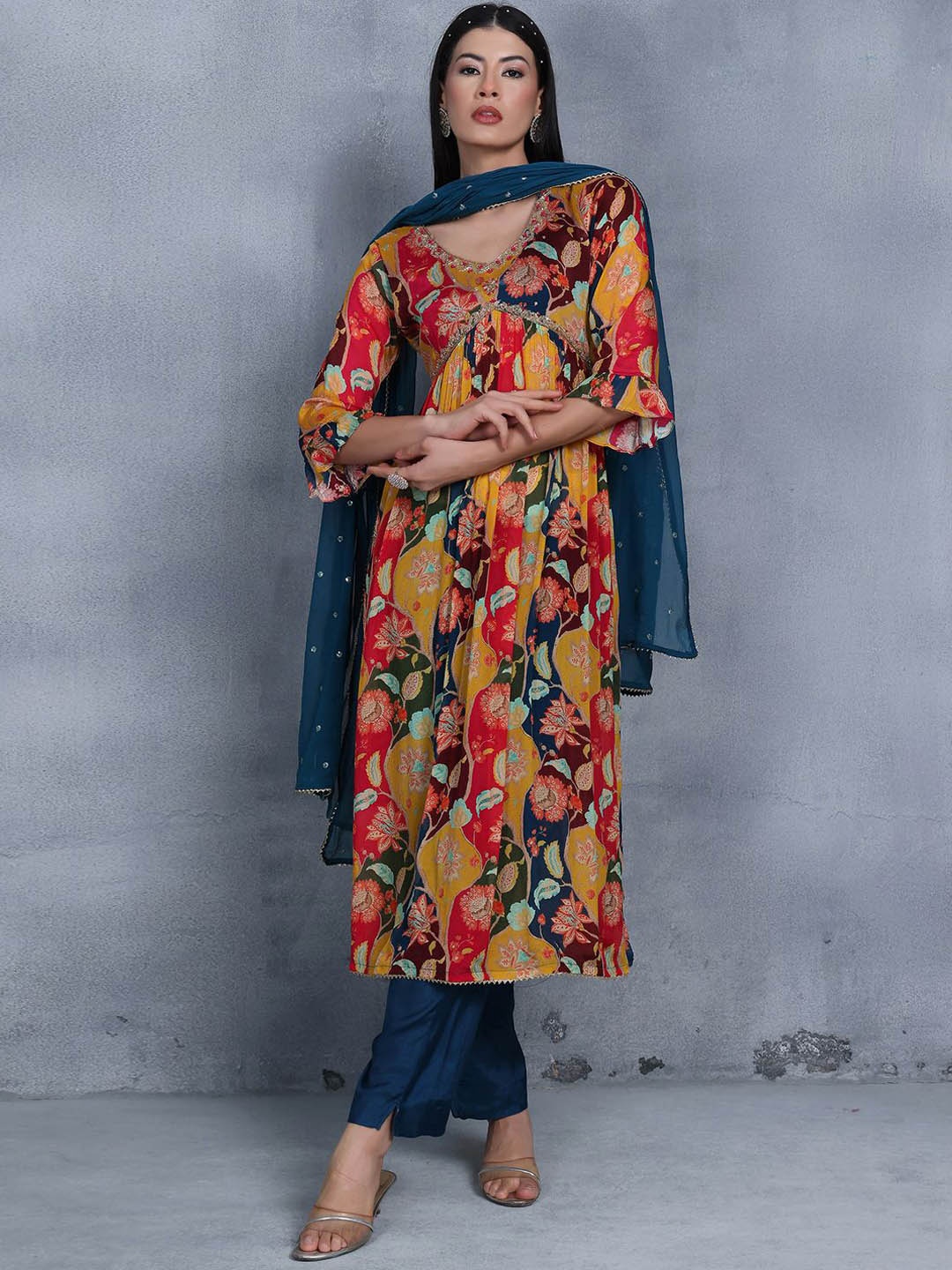 

Rang by Indya Women Floral Printed Angrakha Thread Work Kurta with Trousers & With Dupatta, Blue