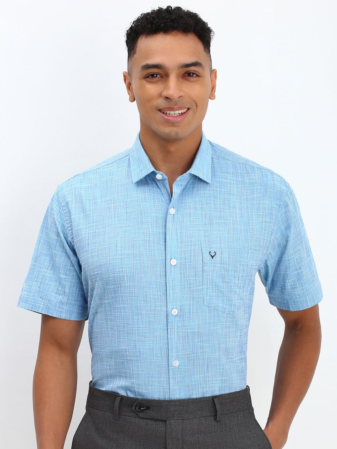 

Allen Solly Men Spread Collar Solid Cotton Slim Fit Formal Shirt, Blue