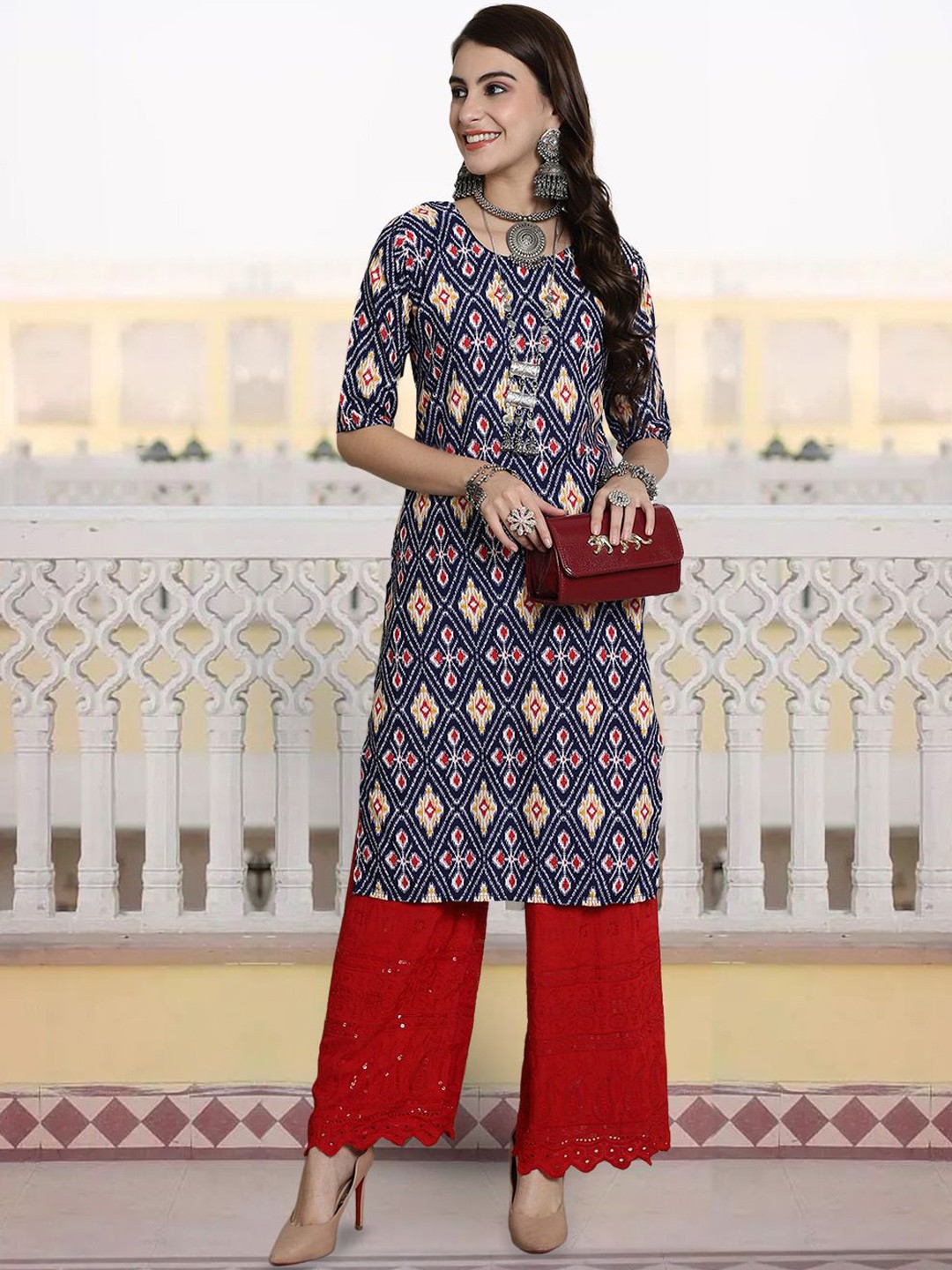 

7Threads Ethnic Motifs Printed Round Neck Straight Kurta, Navy blue