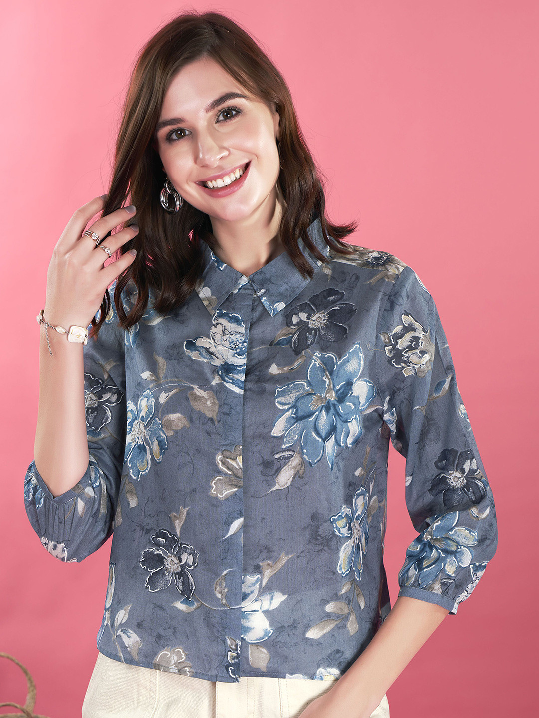 

Anouk Women Floral Printed Shirt Collar Cotton Top, Blue