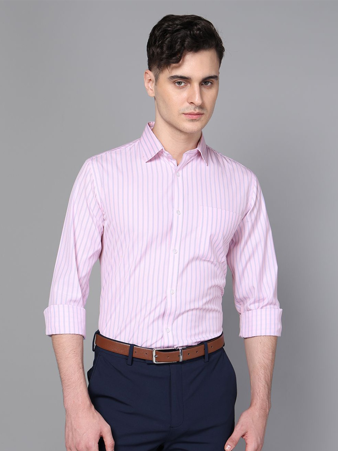 

DON VINO Men Spread Collar Striped Cotton Slim Fit Semiformal Shirt, Pink