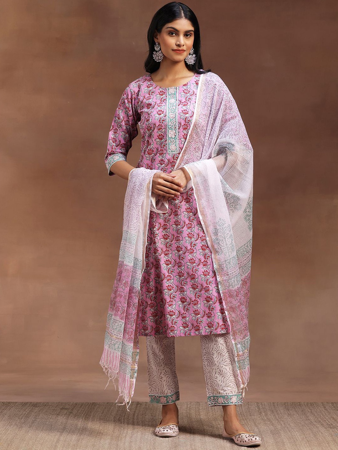 

Libas Printed Regular Gotta Patti Pure Cotton Straight Kurta with Trousers & Dupatta, Pink