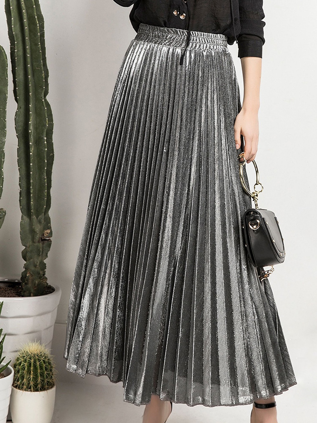 

LULU & SKY High-Rise Pleated A-Line Maxi Skirt, Silver