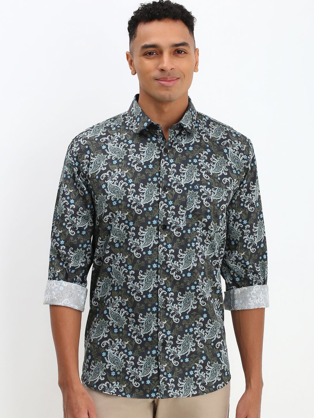 

Allen Solly Men Spread Collar Floral Printed Cotton Slim Fit Casual Shirt, Grey