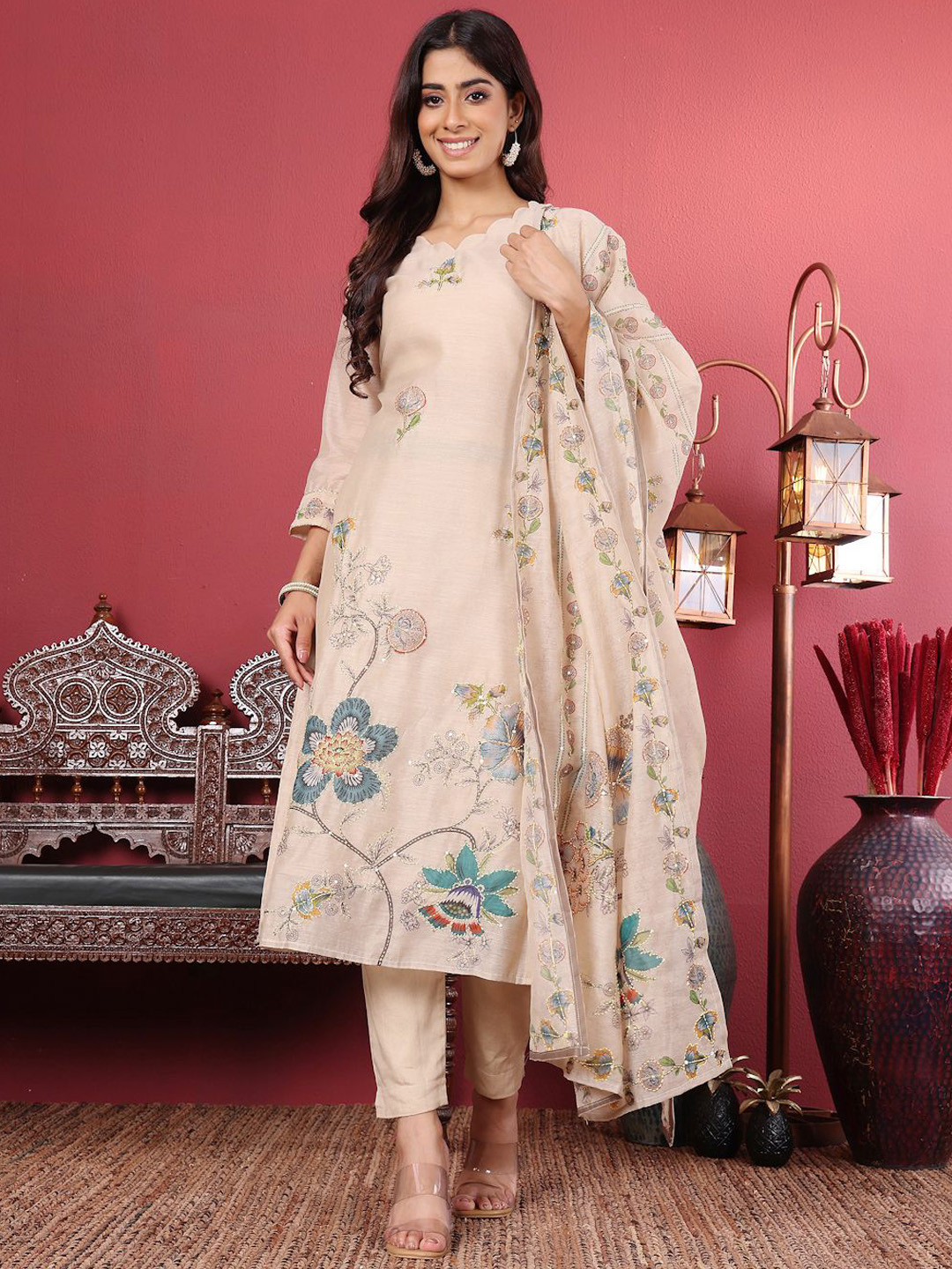 

Varanga Floral Embroidered Chanderi Silk Straight Kurta With Trouser & Dupatta, Beige