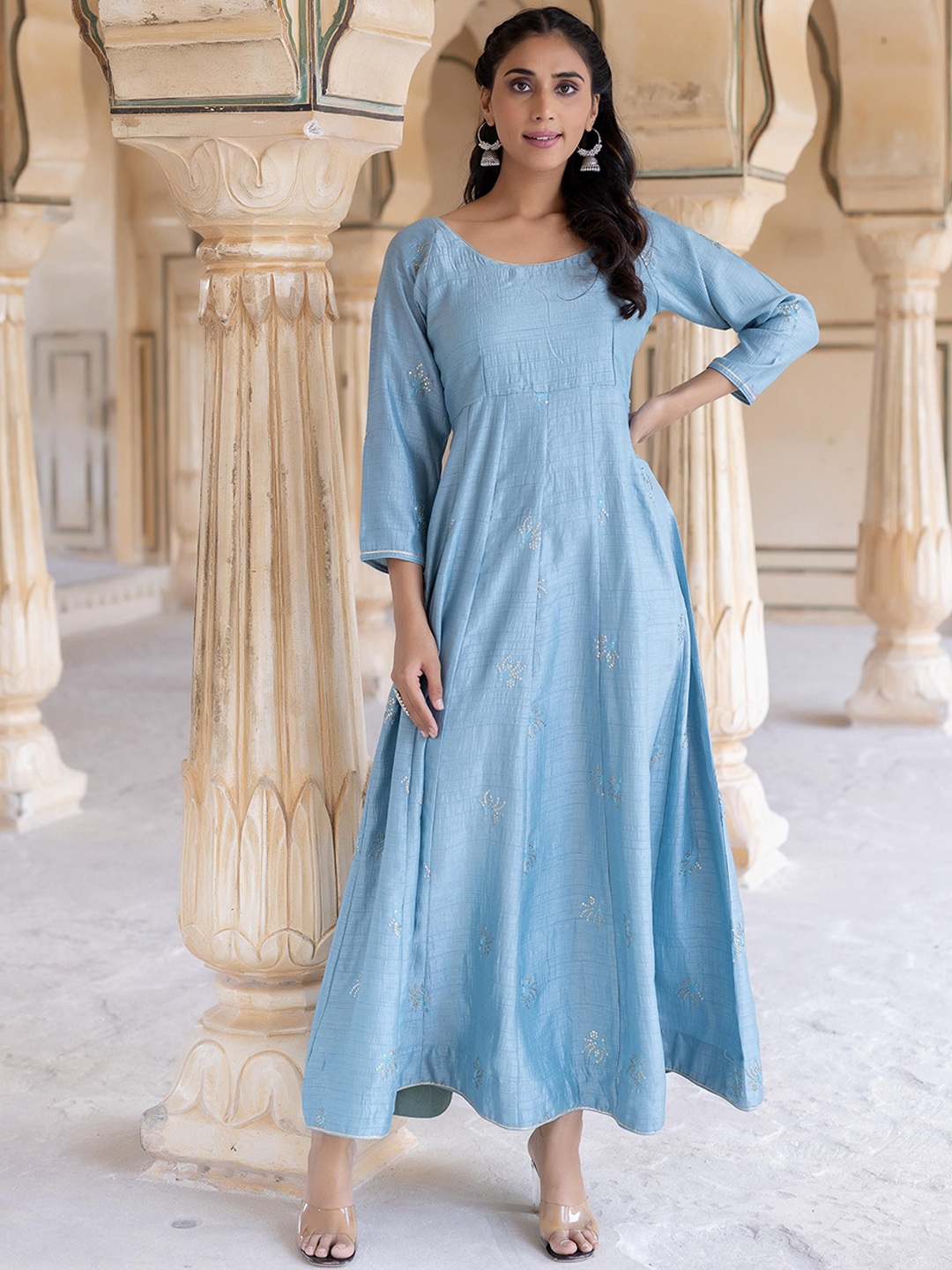 

Ragavi Floral Embroidered Sequinned Silk Fit & Flare Maxi Ethnic Dress, Blue