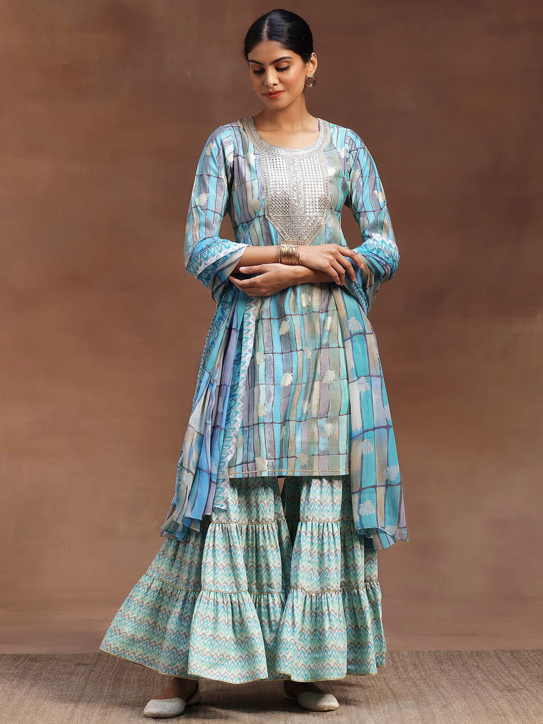 

Libas Geometric Printed Sequinned Straight Kurta With Sharara & Dupatta, Blue