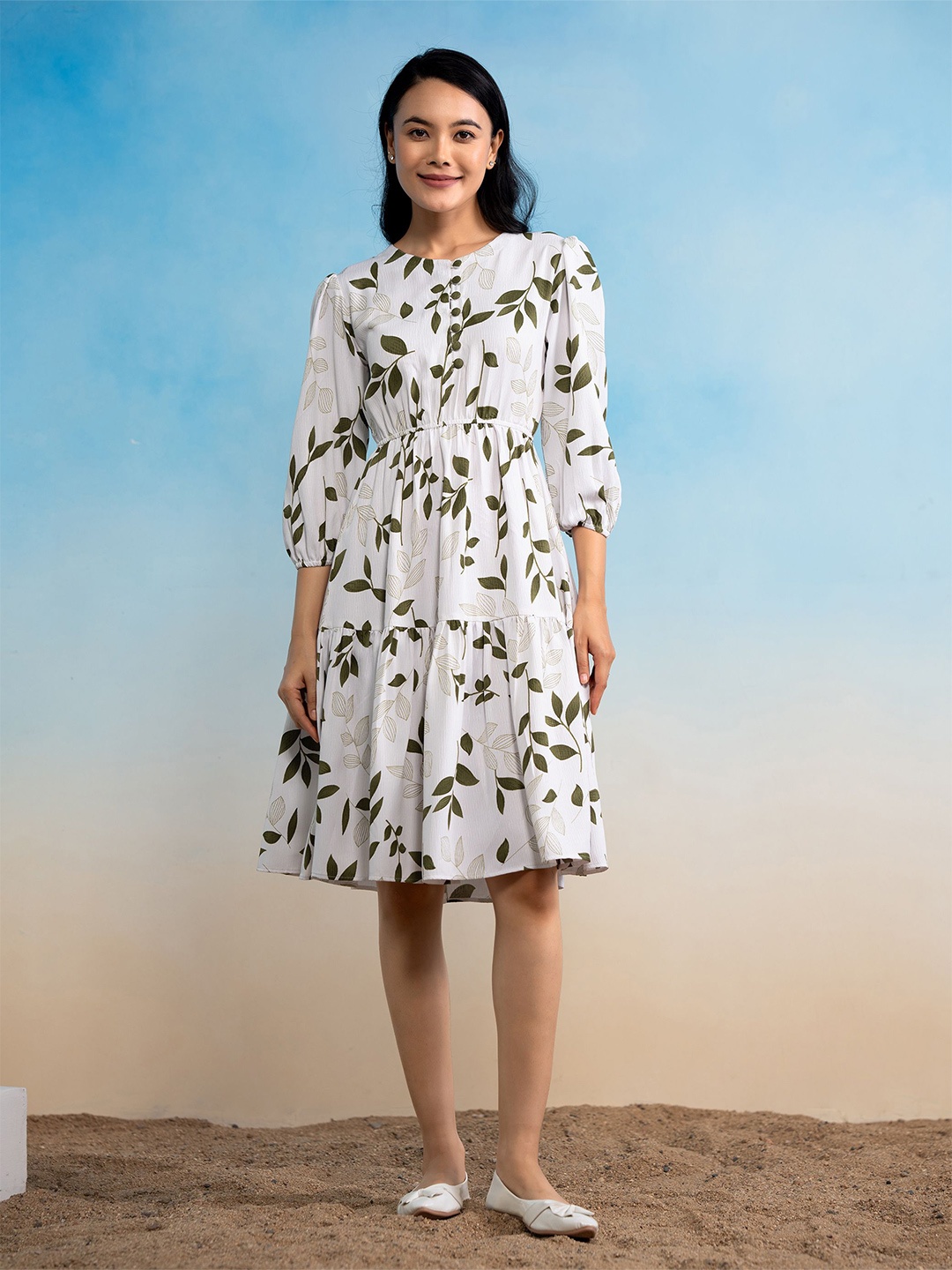 

DressBerry Floral Print Puff Sleeve Crepe Fit & Flare Dress, Green