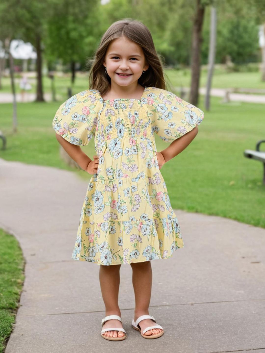 

INCLUD Floral Print Puff Sleeve Fit & Flare Dress, Yellow