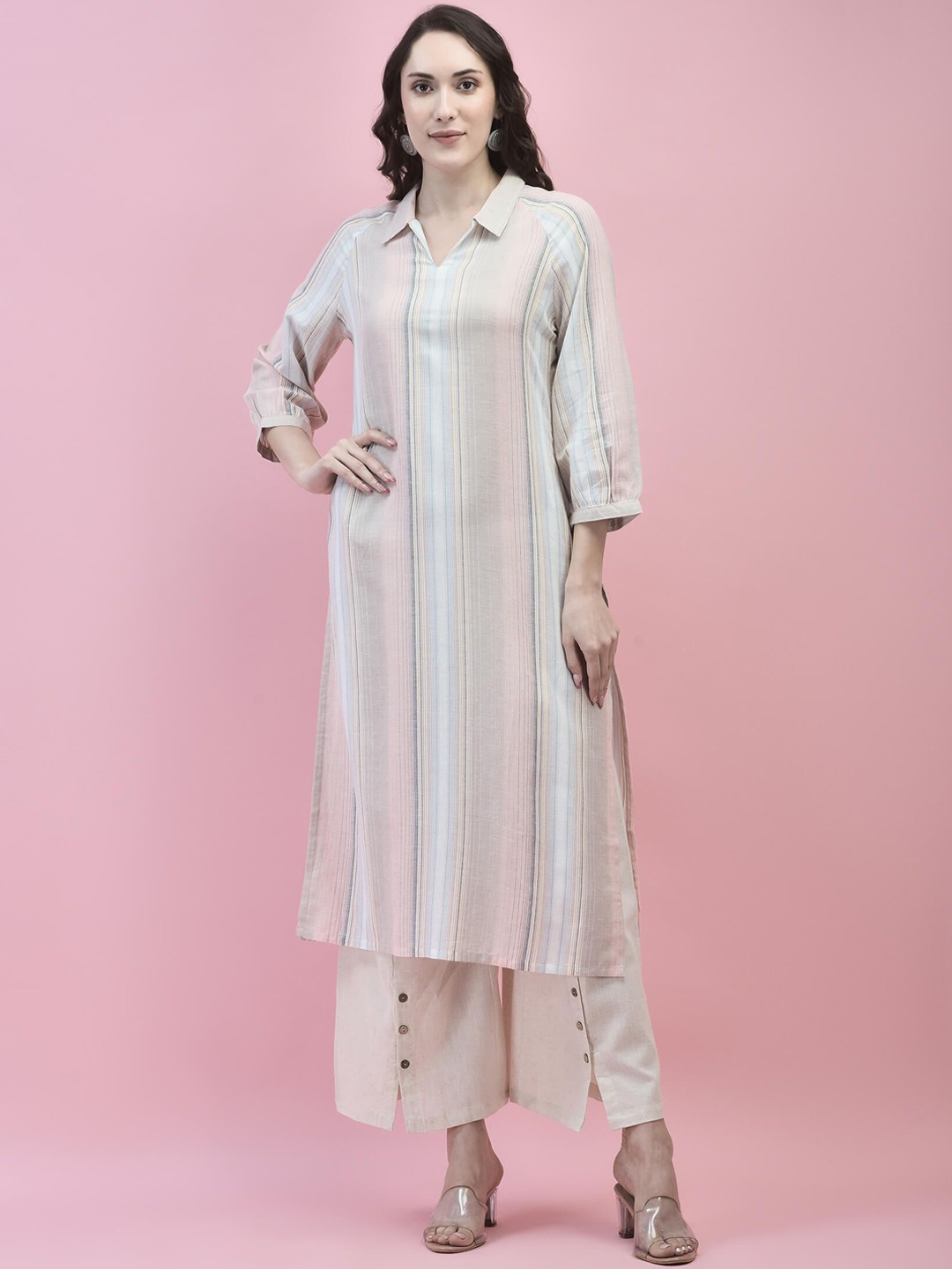 

Shree Pink Woven Design Shirt Collar Neck Three-Quarter Sleeves Cotton Straight Kurta