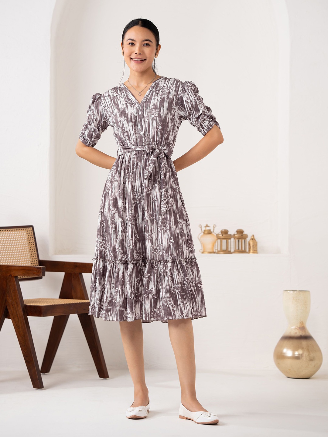 

DressBerry Animal Print Flared Sleeve Crepe A-Line Dress, Lavender