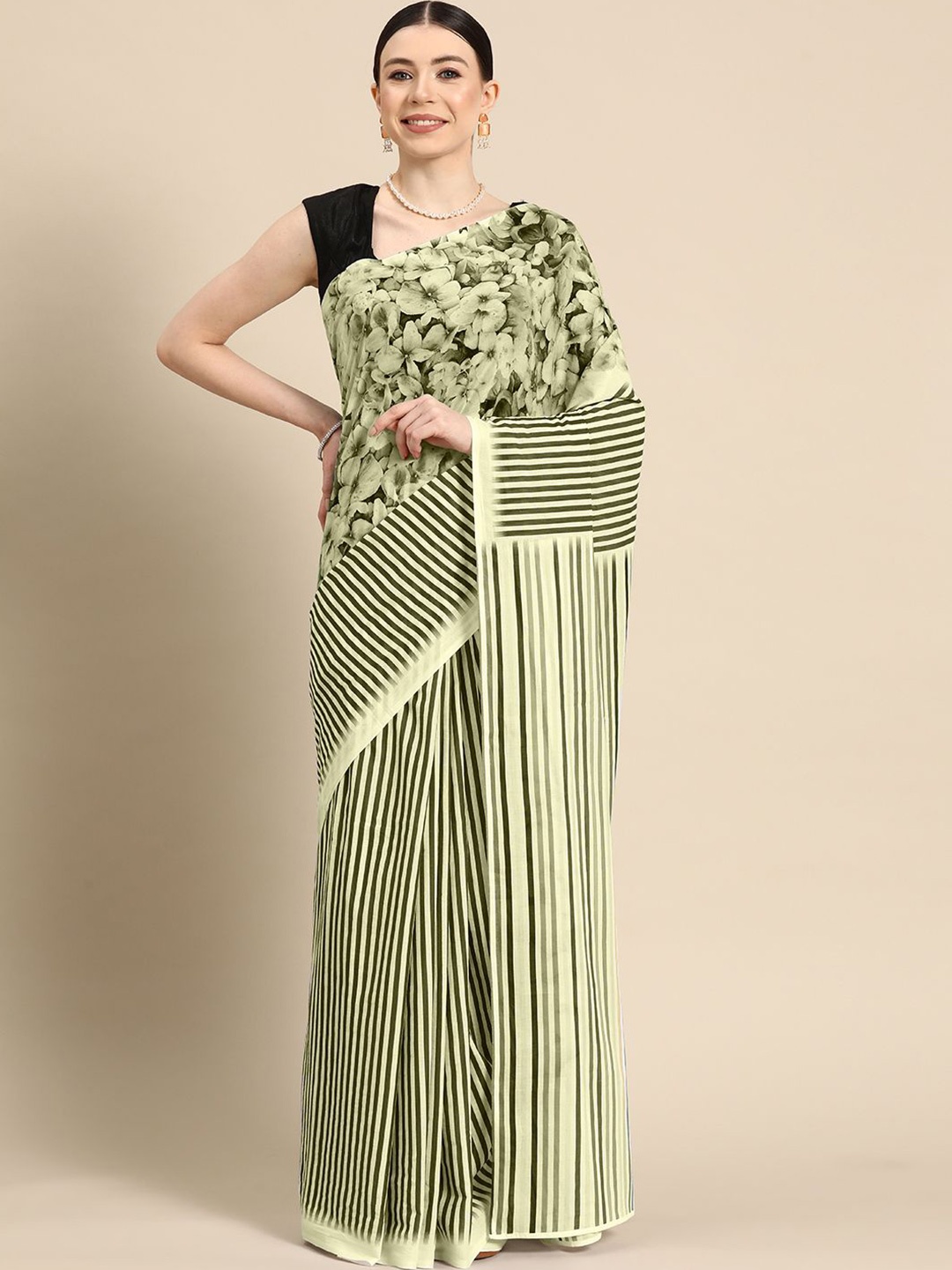 

BUTA BUTI Women Floral Pinted Pure Cotton Saree, Lime green