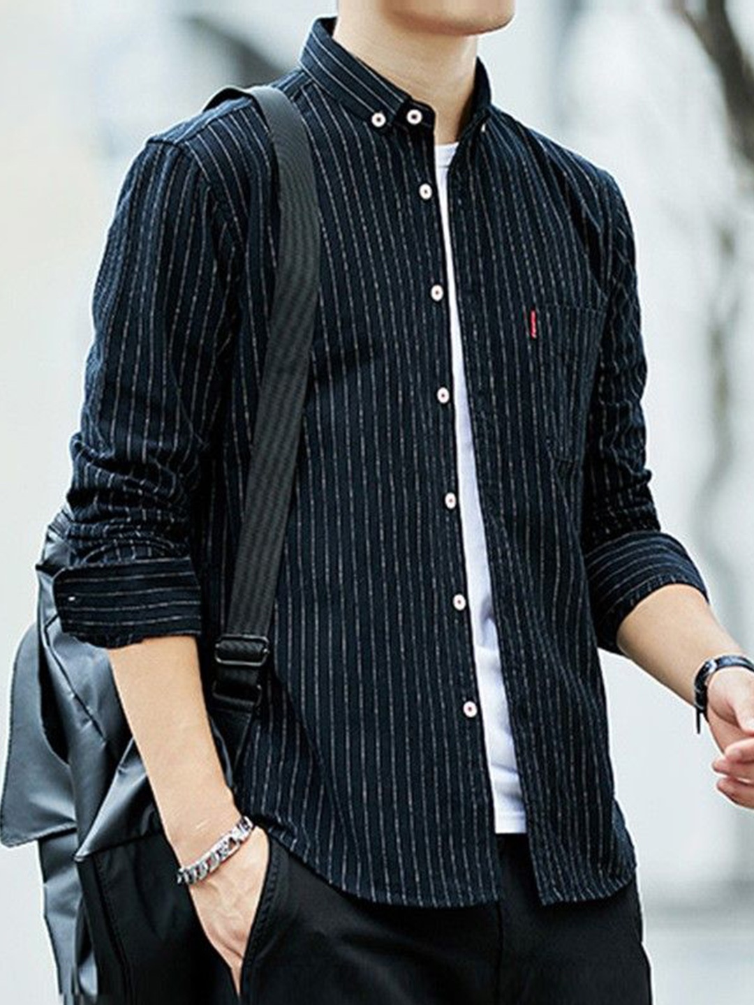 

StyleCast Men Slim Fit Opaque Striped Casual Shirt, Navy blue