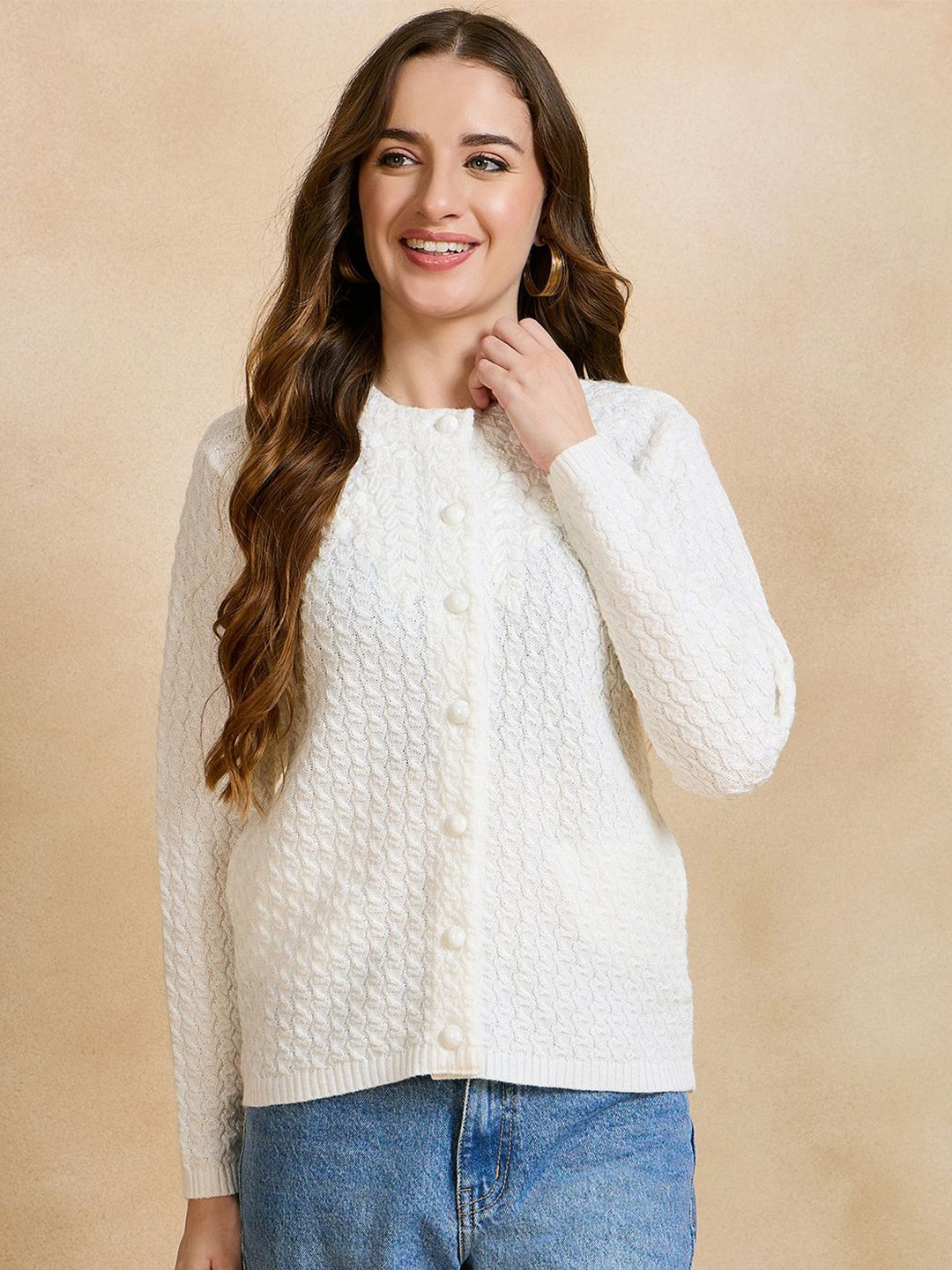 

CLAPTON Women Cable Knit Woollen Cardigan, White