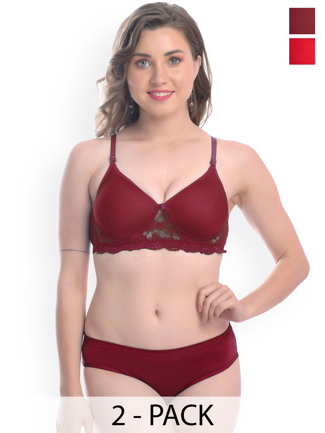 

AROUSY Pack Of 2 Self-Designed Lace Padded Lingerie Set, Red
