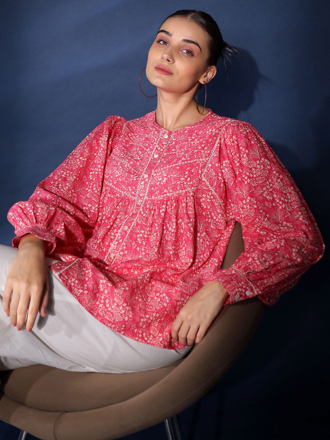 

Saint G Women Floral Printed Round Neck Cotton Top, Pink