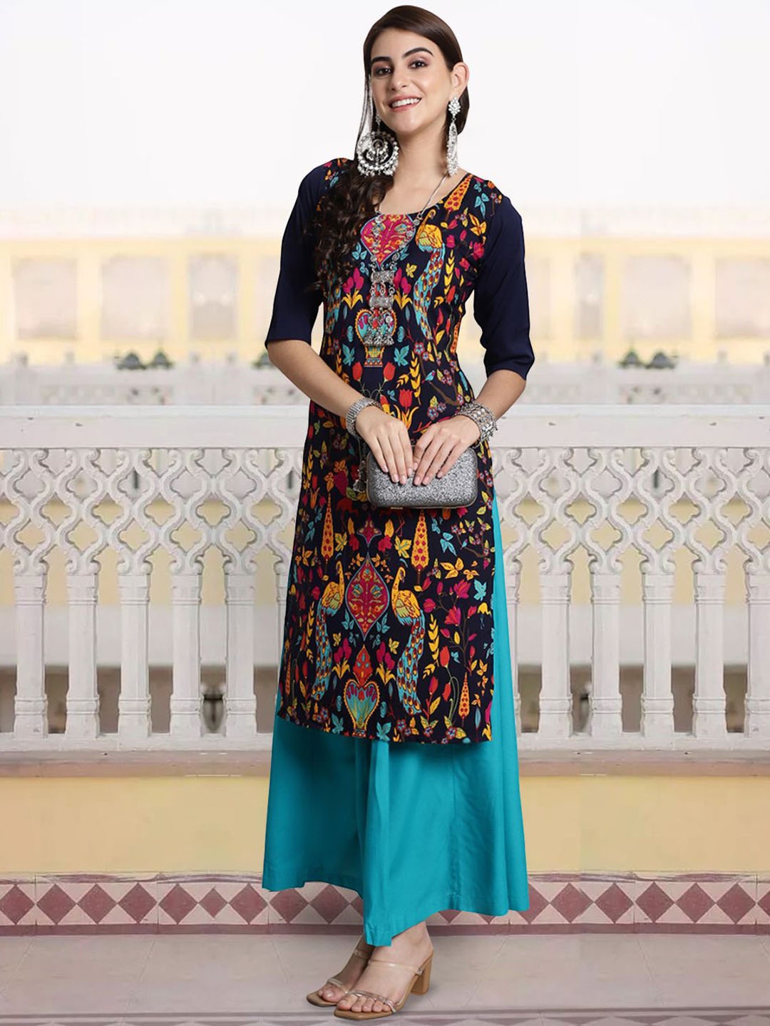 

7Threads Ethnic Motifs Printed Round Neck Crepe Straight Kurta, Navy blue