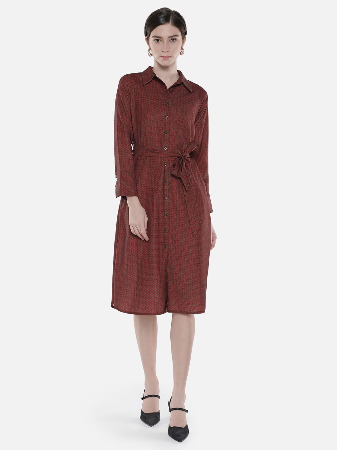 

RAREISM Printed Shirt Collar A-Line Midi Dress, Maroon