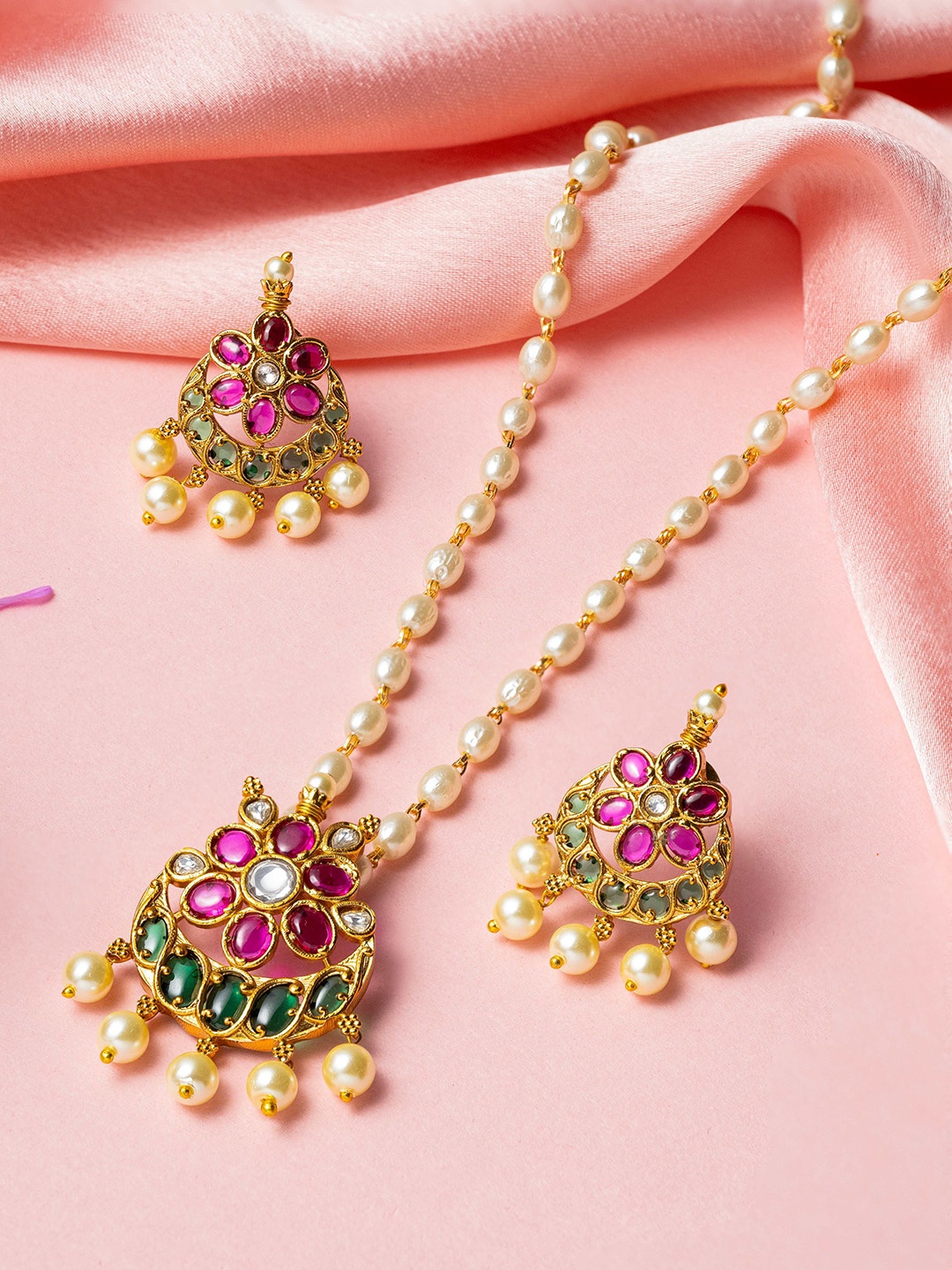 

Vriksham Gold Plated Stones Studded & Beaded Jewellery Set