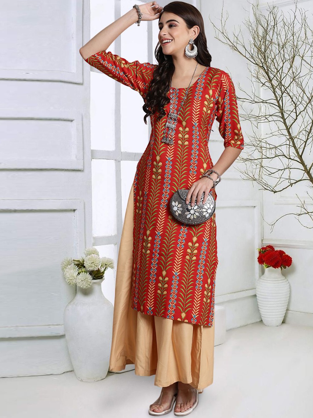 

7Threads Geometric Printed Crepe Straight Kurta, Red