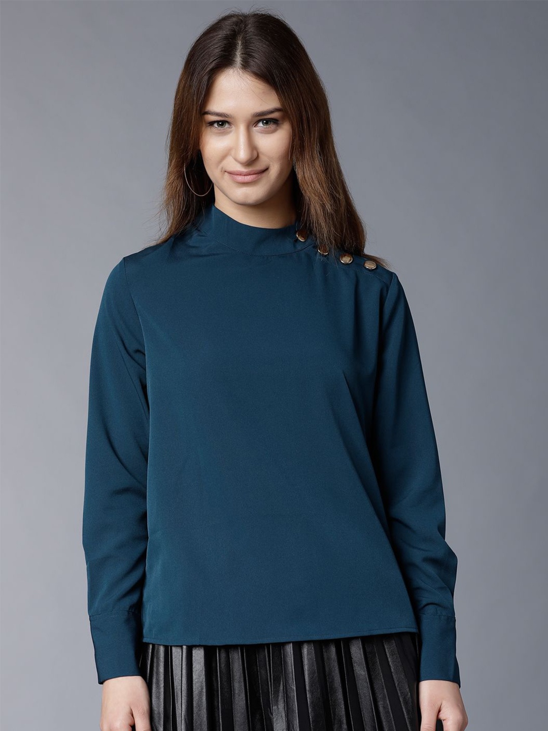 

Tokyo Talkies Women Solid High Neck Top, Teal