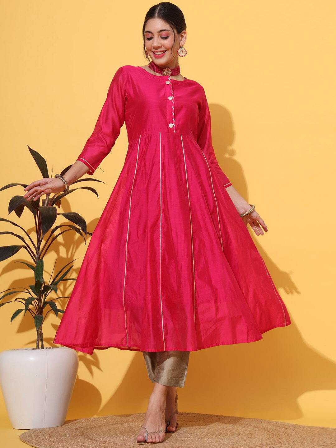 

DECKEDUP Chanderi Cotton Anarkali Kurta With Trouser, Magenta