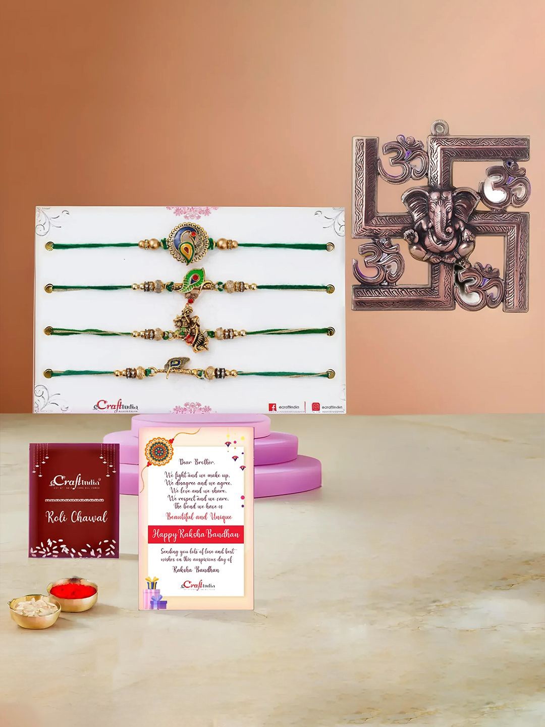 

eCraftIndia Set of 5 Designer Rakhis with Ganesha Om Swastik Wall Hanging, Gold