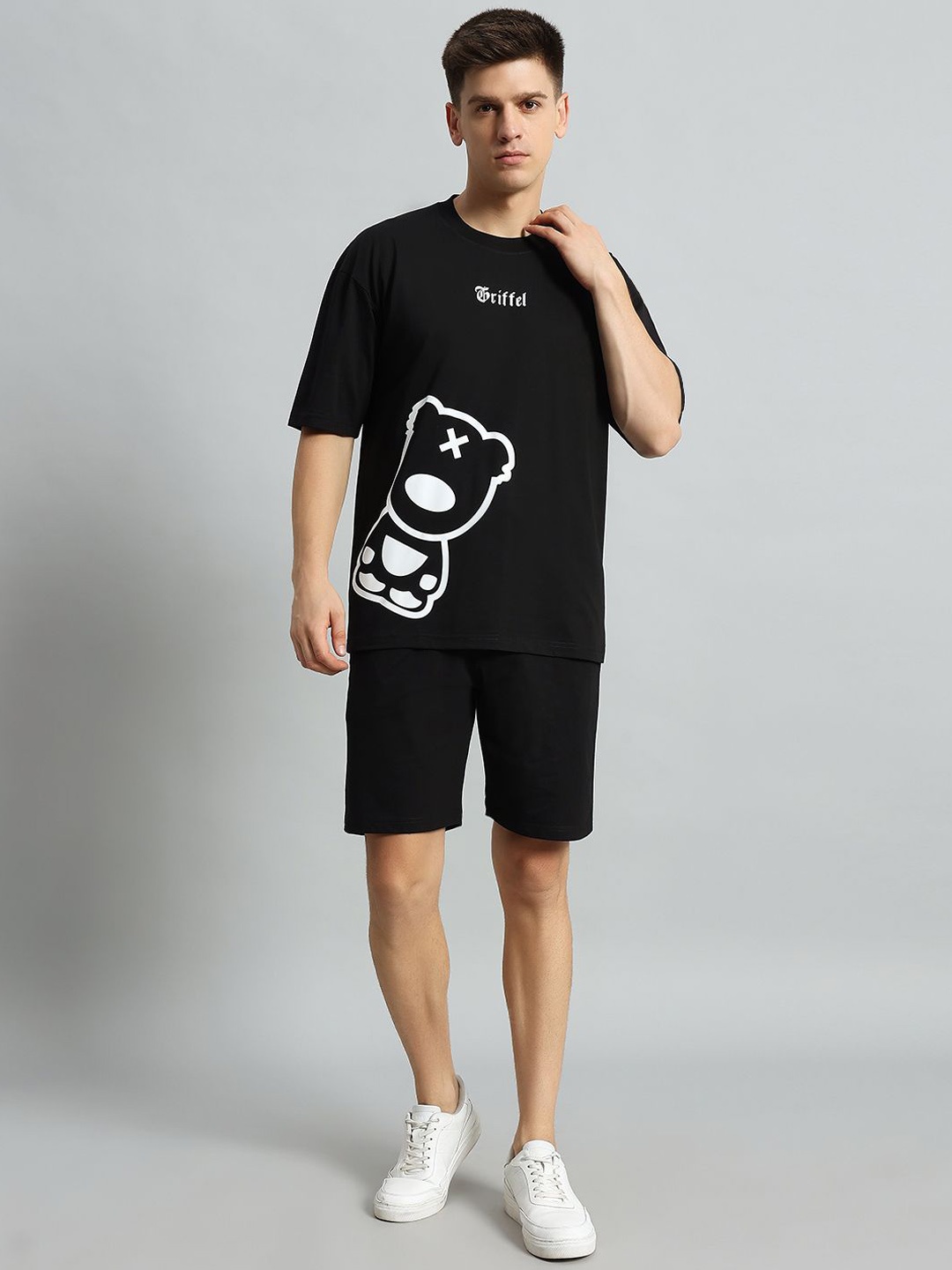 

GRIFFEL Printed Pure Cotton T-Shirt With Shorts, Black