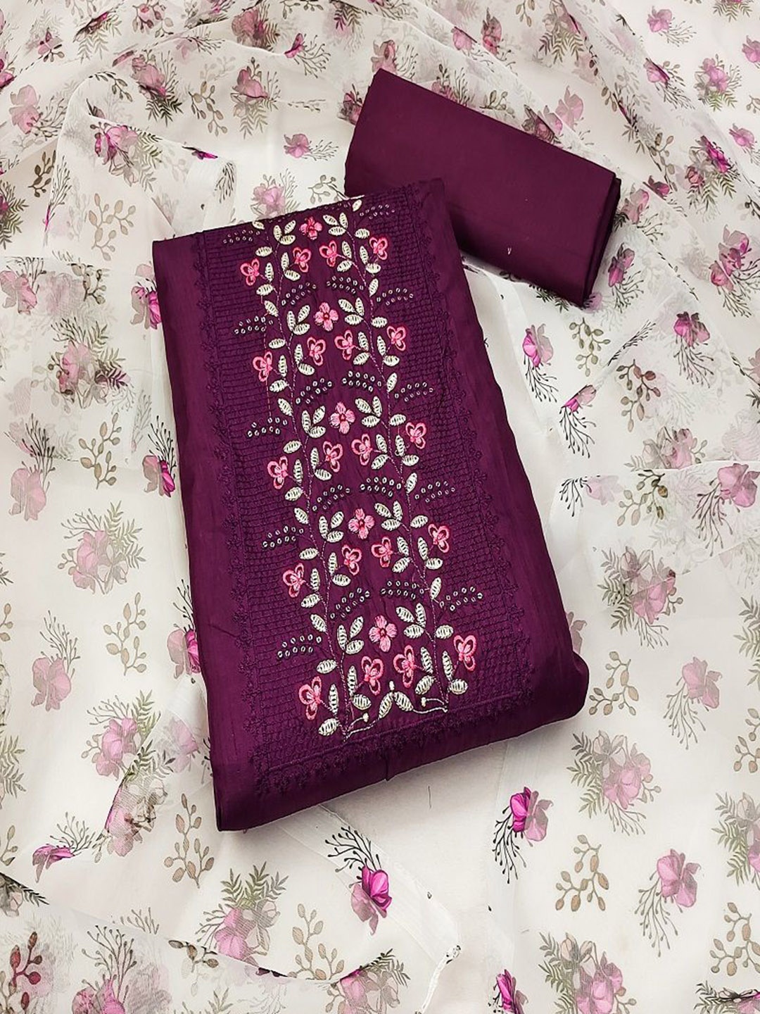 

KRITVA FASHION Floral Embroidered Semi-Stitched Dress Material, Purple