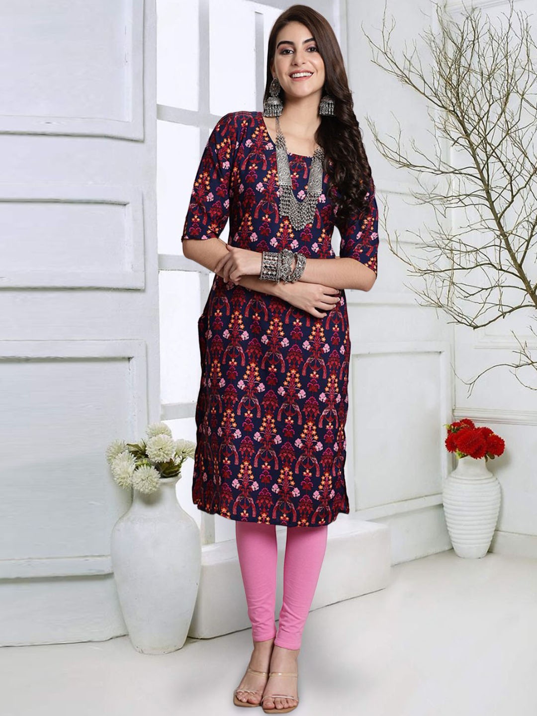

7Threads Floral Printed Round Neck Straight Kurta, Navy blue