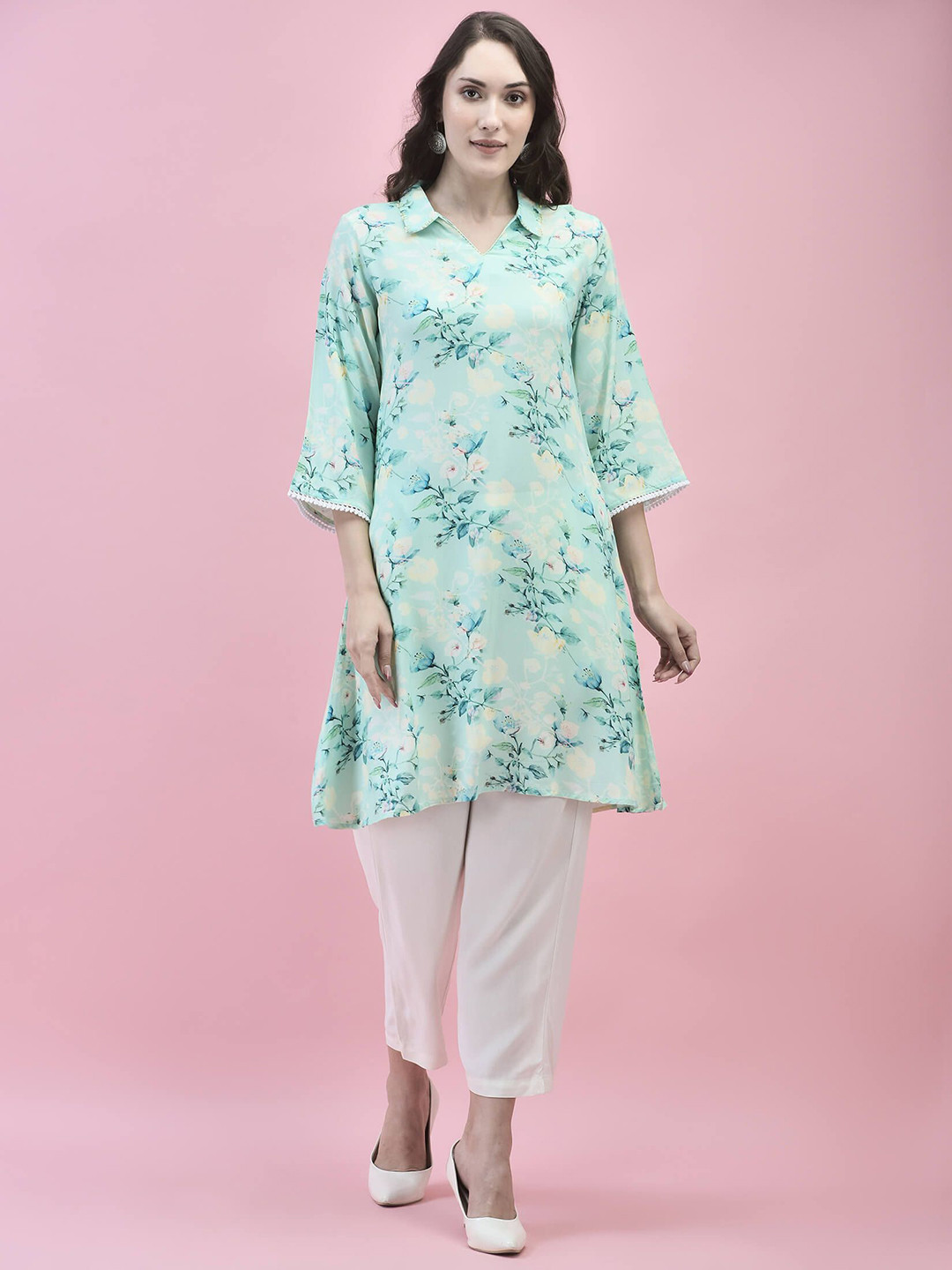 

Shree Floral Printed Shirt Collar A Line Kurta, Blue