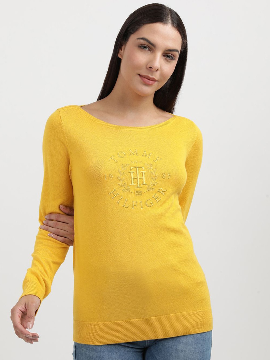 

Tommy Hilfiger Women Embroidered Typography Printed Sweatshirt, Yellow