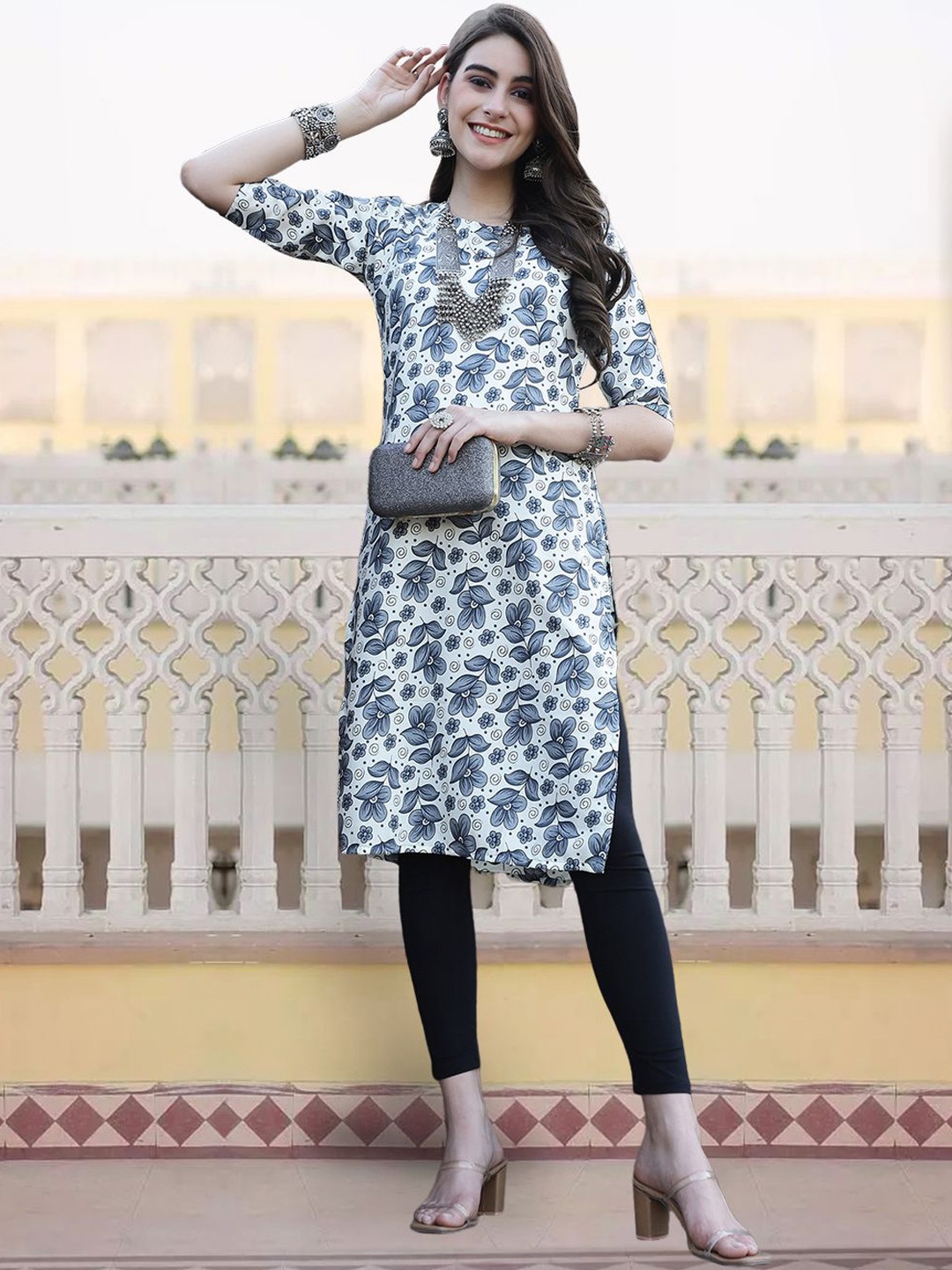 

7Threads Floral Printed Round Neck Crepe Straight Kurta, Blue