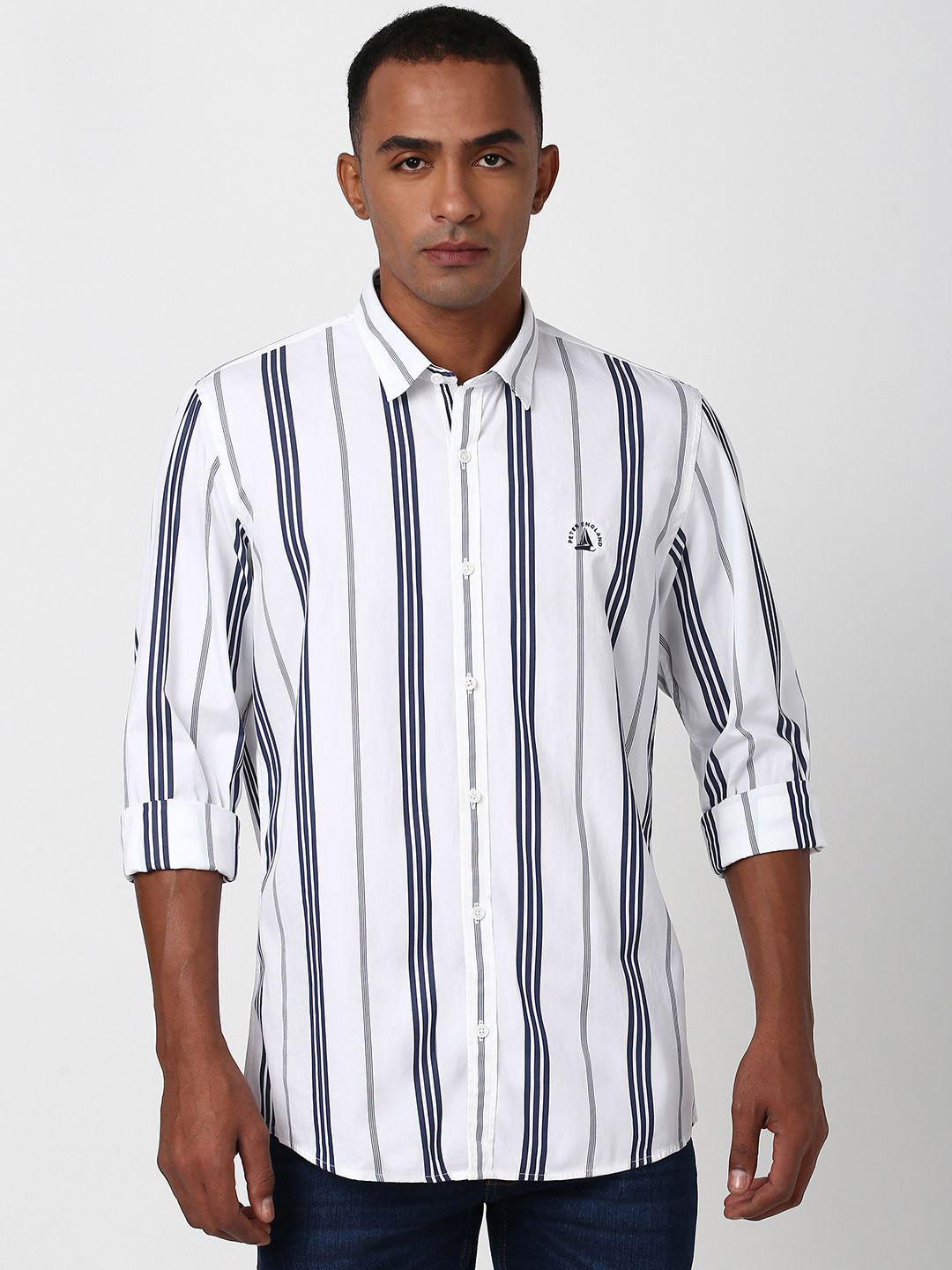 

Peter England Men Spread Collar Striped Cotton Slim Fit Casual Shirt, White