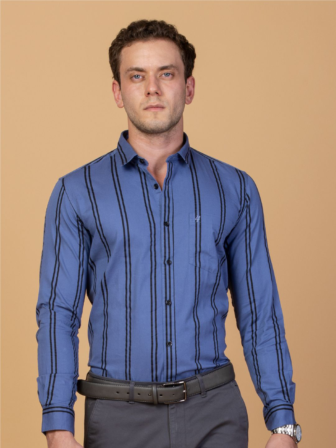 

Monterrey SF Men Smart Spread Collar Striped Cotton Slim Fit Casual Shirt, Navy blue