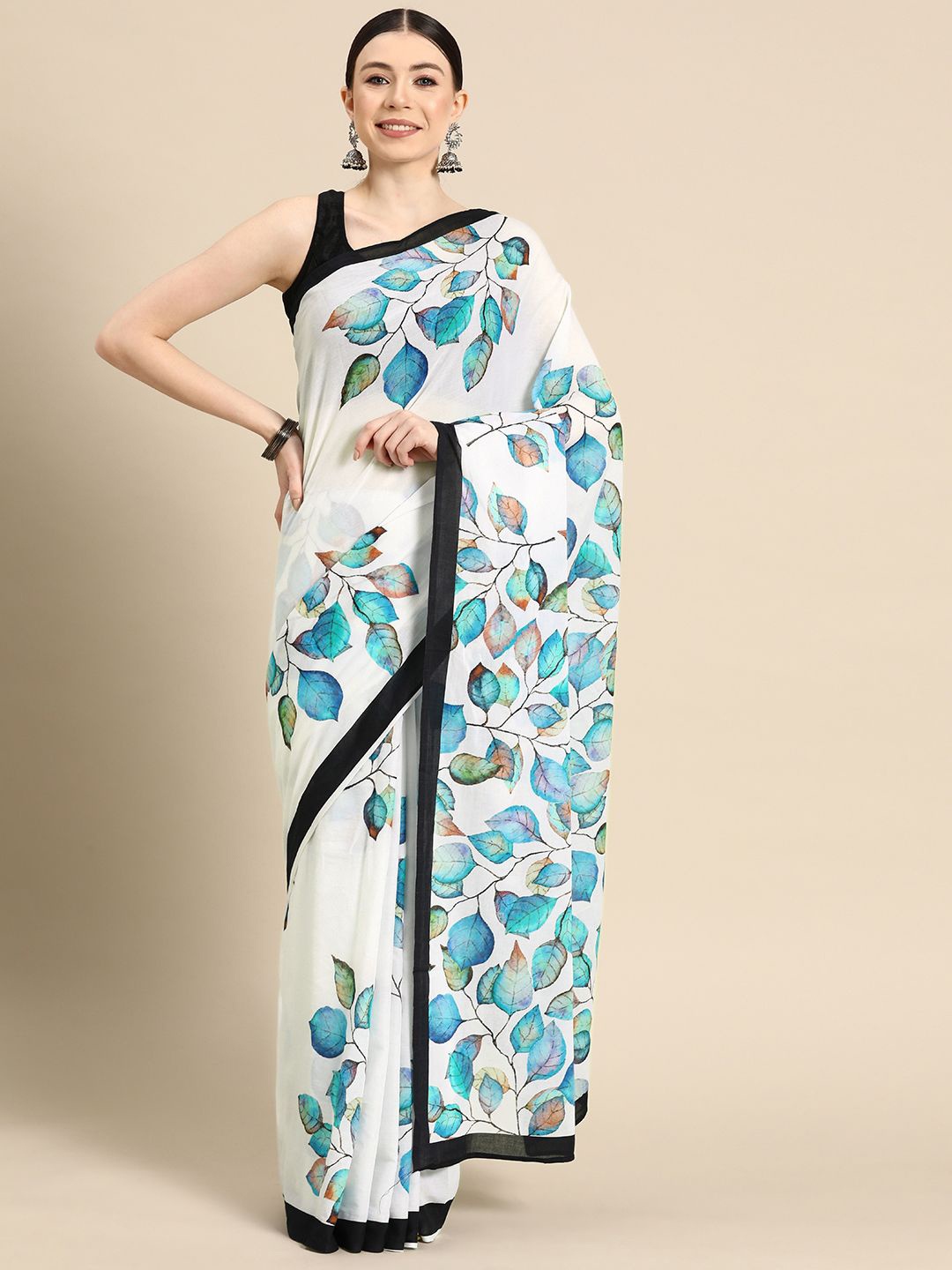 

BUTA BUTI Leaf Design Pure Cotton Saree, Blue