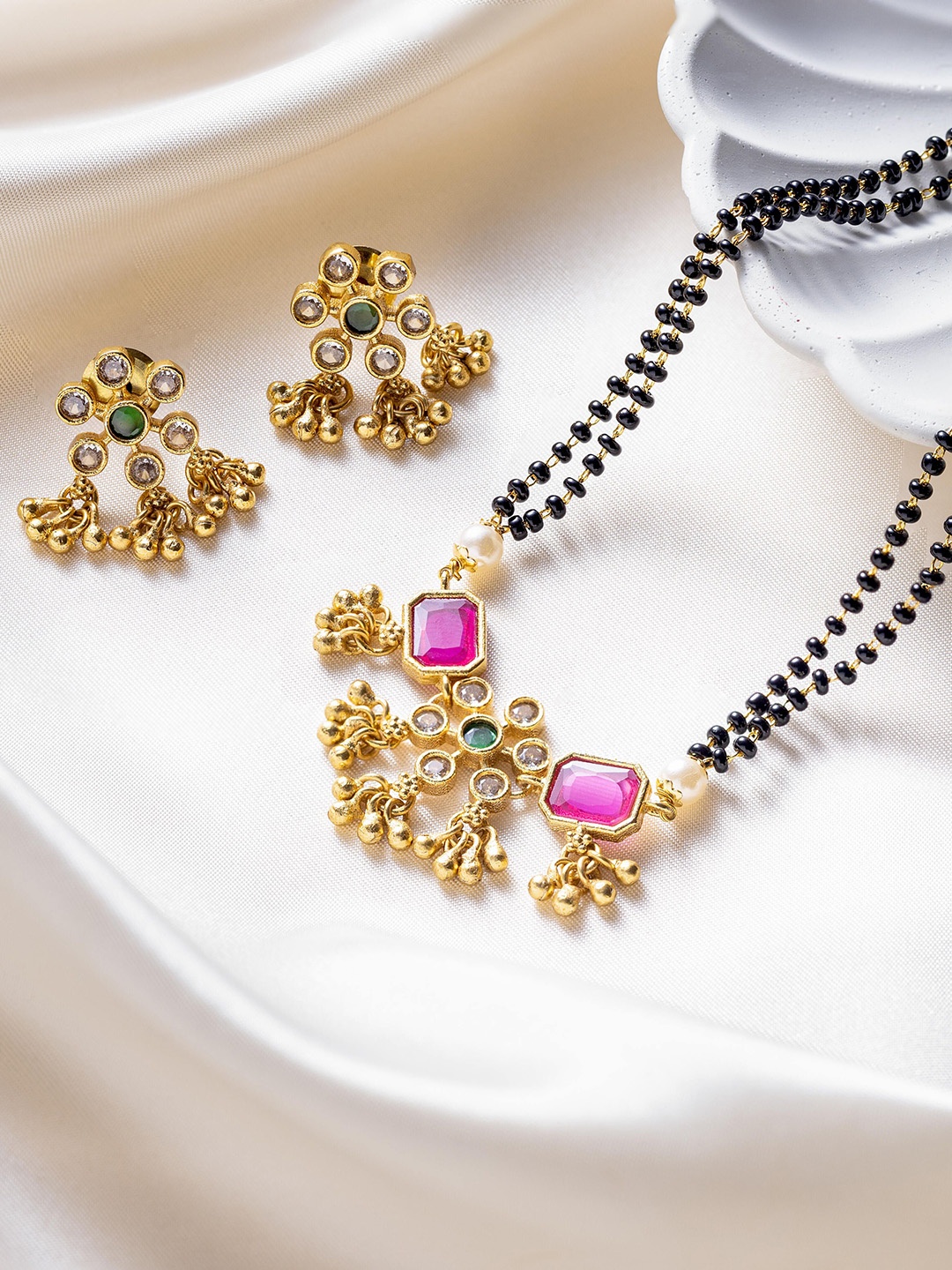 

Vriksham Brass Plated Stone Studded Mangalsutra With Earrings, Gold
